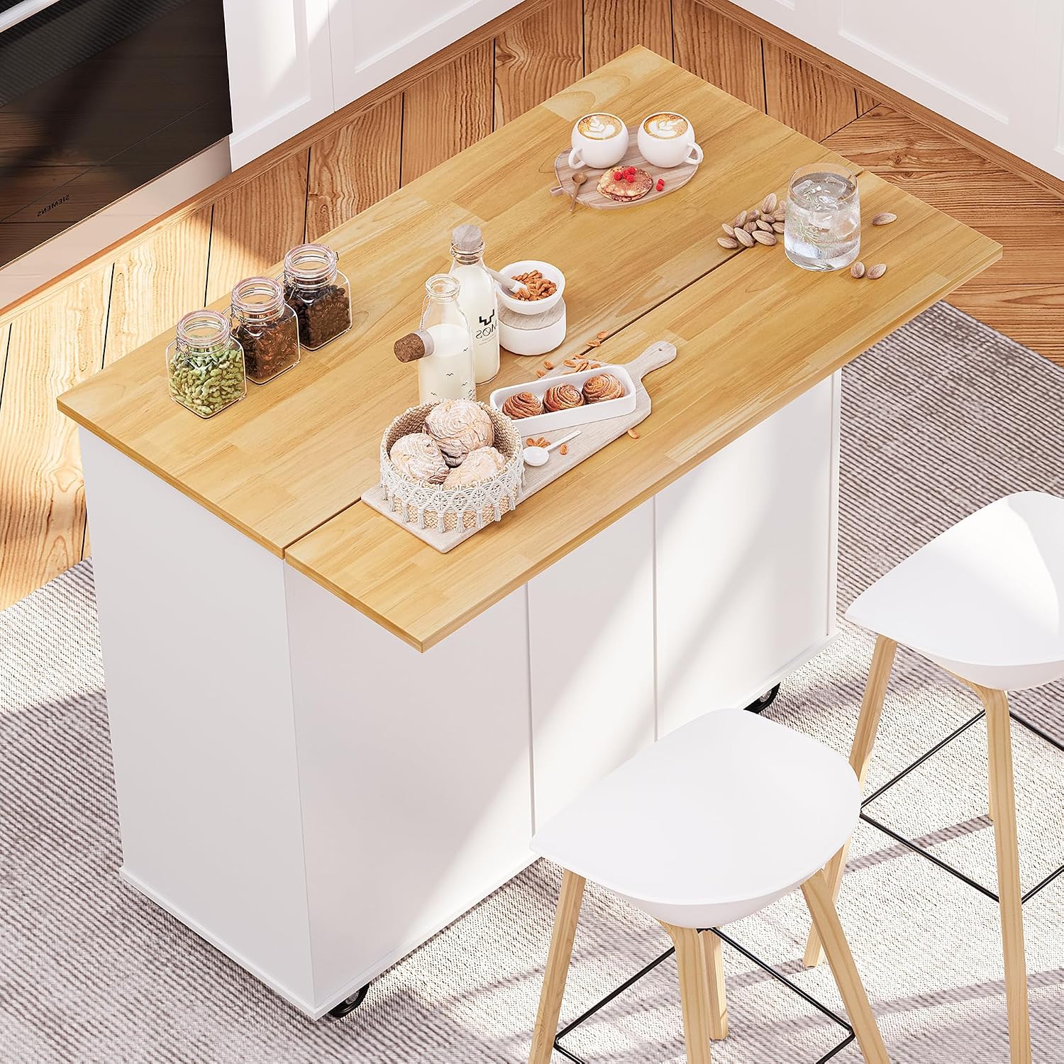 SUNLEI Kitchen Island with Storage Cabinet & Foldable Drop Leaf, Buffet Sideboard Cabinet, Cart Handle for Towel Rack, Drop Leaf, Portable Islands for Kitchen (Stylish White, 39.7-INCH)