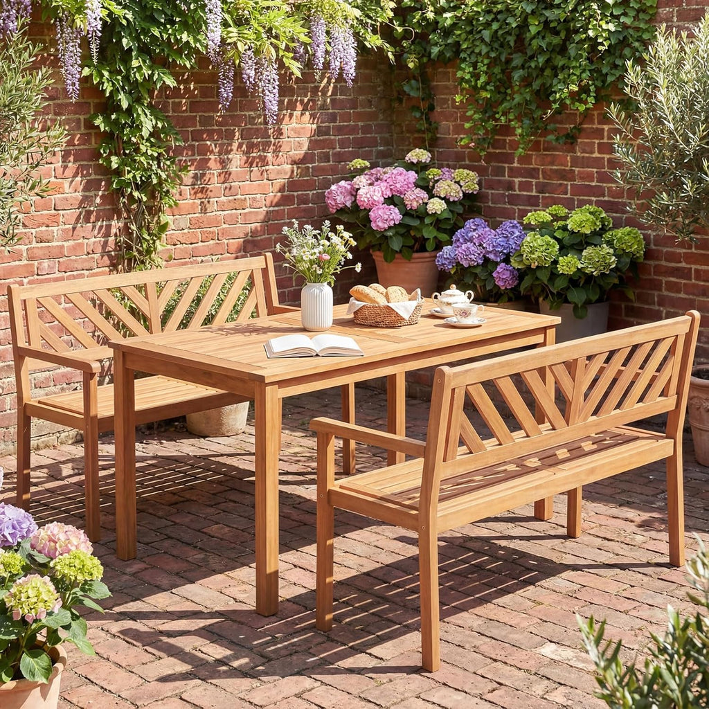 Tangkula Acacia Wood Outdoor Loveseat Bench, 2-Person Patio Garden Bench with Armrests & Backrest, Slatted Wooden Outside Seating Furniture for Backyard, Porch, Deck (V-Shaped Backrest)