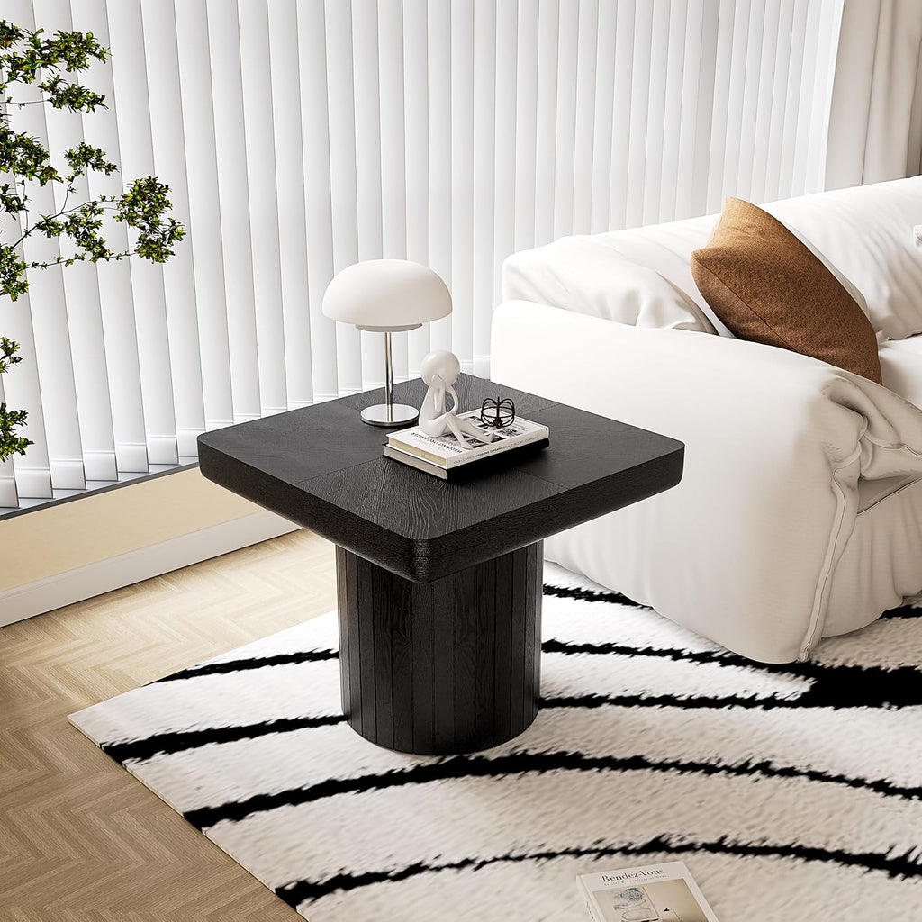 GOWE 23.6'' Modern Solid Wood Veneer End Table, Minimalist Square Side Table with Parquet Pattern, Grooved Cylindrical Base & Thickened Tabletop, Compact Accent Table for Living Room, Matte