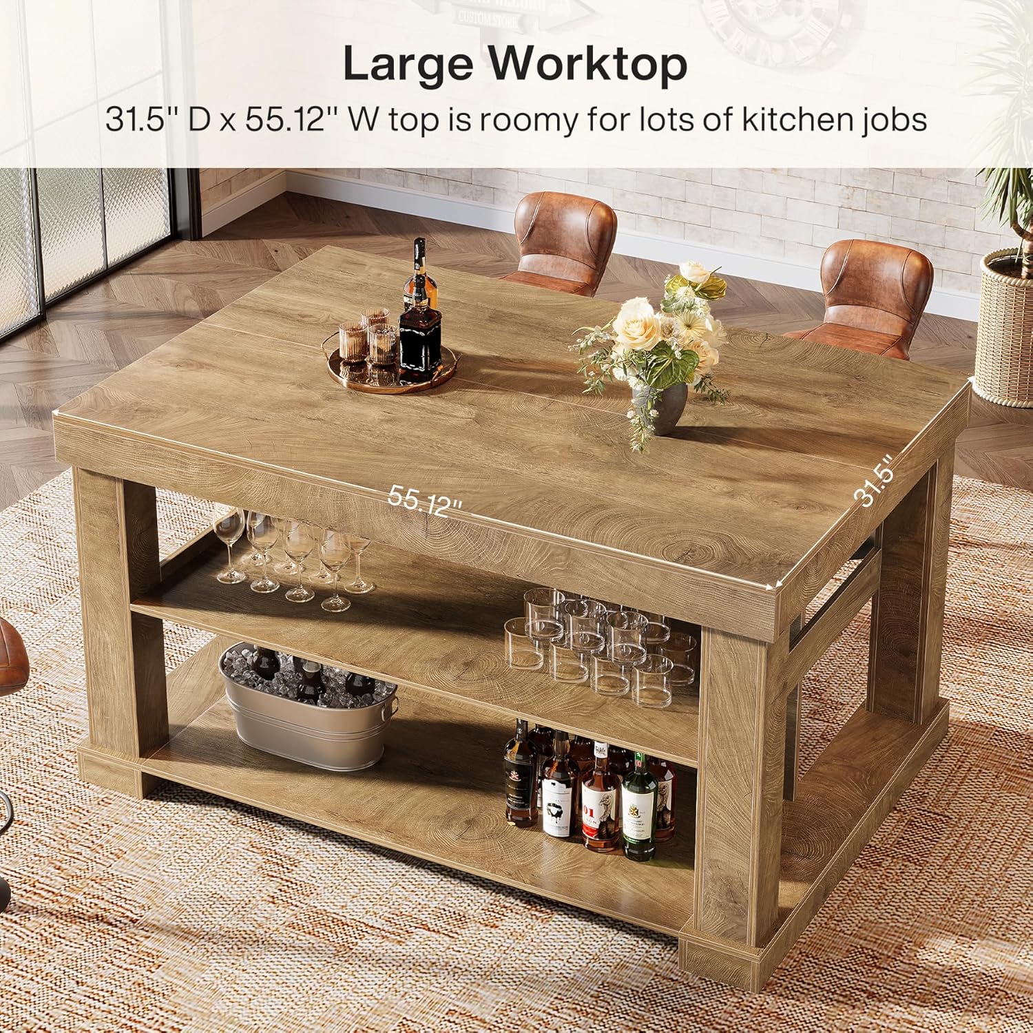 Tribesigns 55" Kitchen Island with Seating and Storage, 3-Tier Farmhouse Wood Stationary Island Table with Large Worktop & Leg Room, Coffee Bar Table with Storage Shelves for Kitchen, Natural Brown