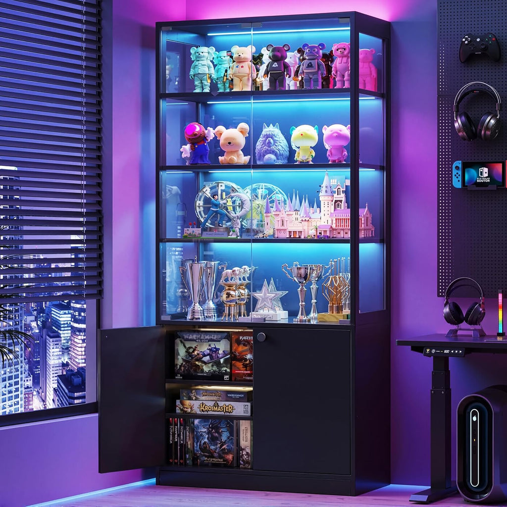 Display Cabinet with Glass Door - 7-Tiers Curio Cabinet Display Case with RGB Lights & Bottom Storage, Adjustable Shelves for Collectibles & Legos, Bookcase Storage Cabinet (Black)