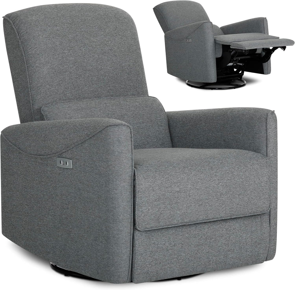 Evolur Belmont Nursery Glider Chair with Massager in Cosmic Grey, Power Recliner with 275° Swivel, Lumbar Support Modern Rocking Chair for Baby Room, Nursery & Living Room