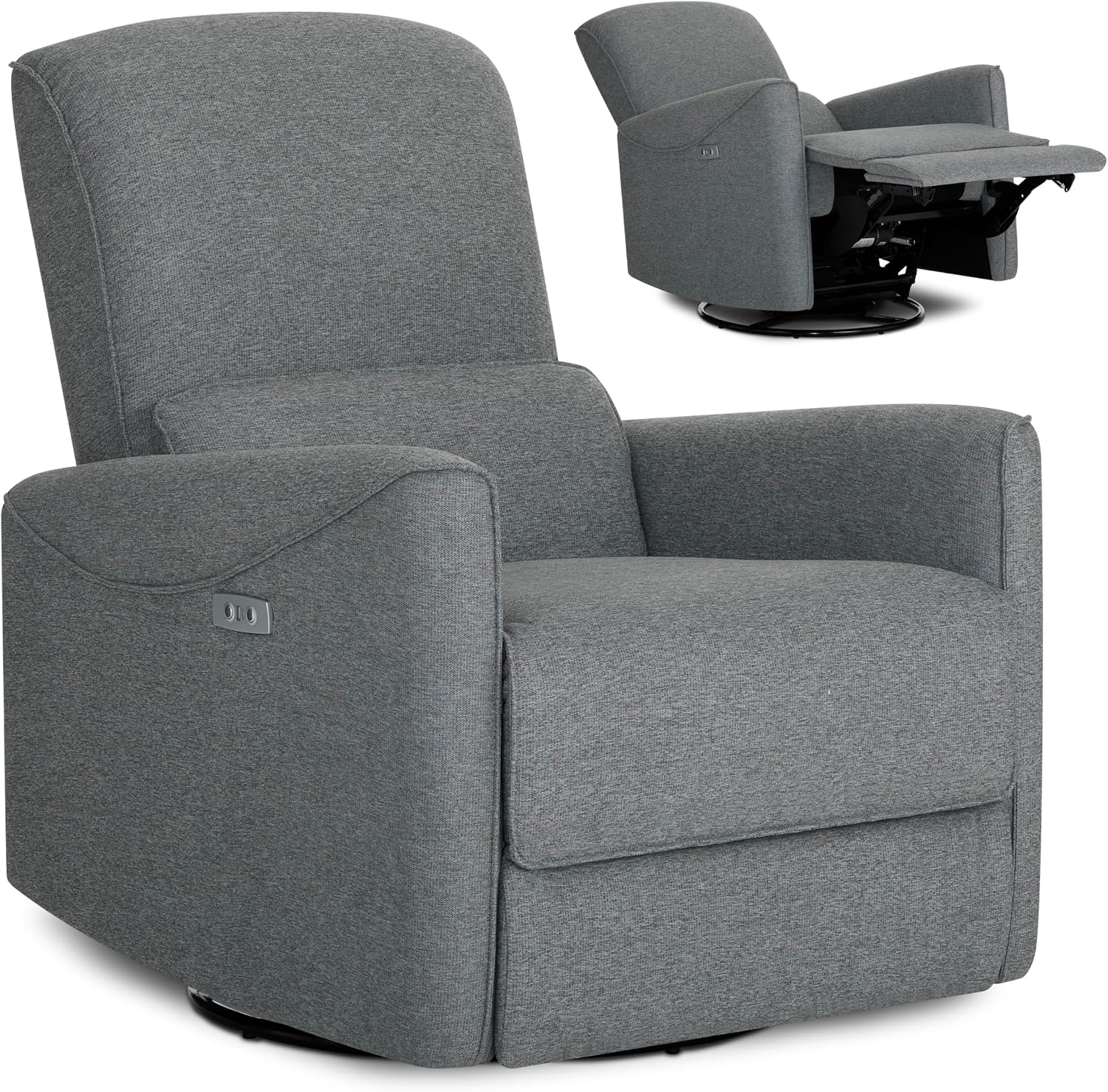 Evolur Belmont Nursery Glider Chair with Massager in Cosmic Grey, Power Recliner with 275° Swivel, Lumbar Support Modern Rocking Chair for Baby Room, Nursery & Living Room