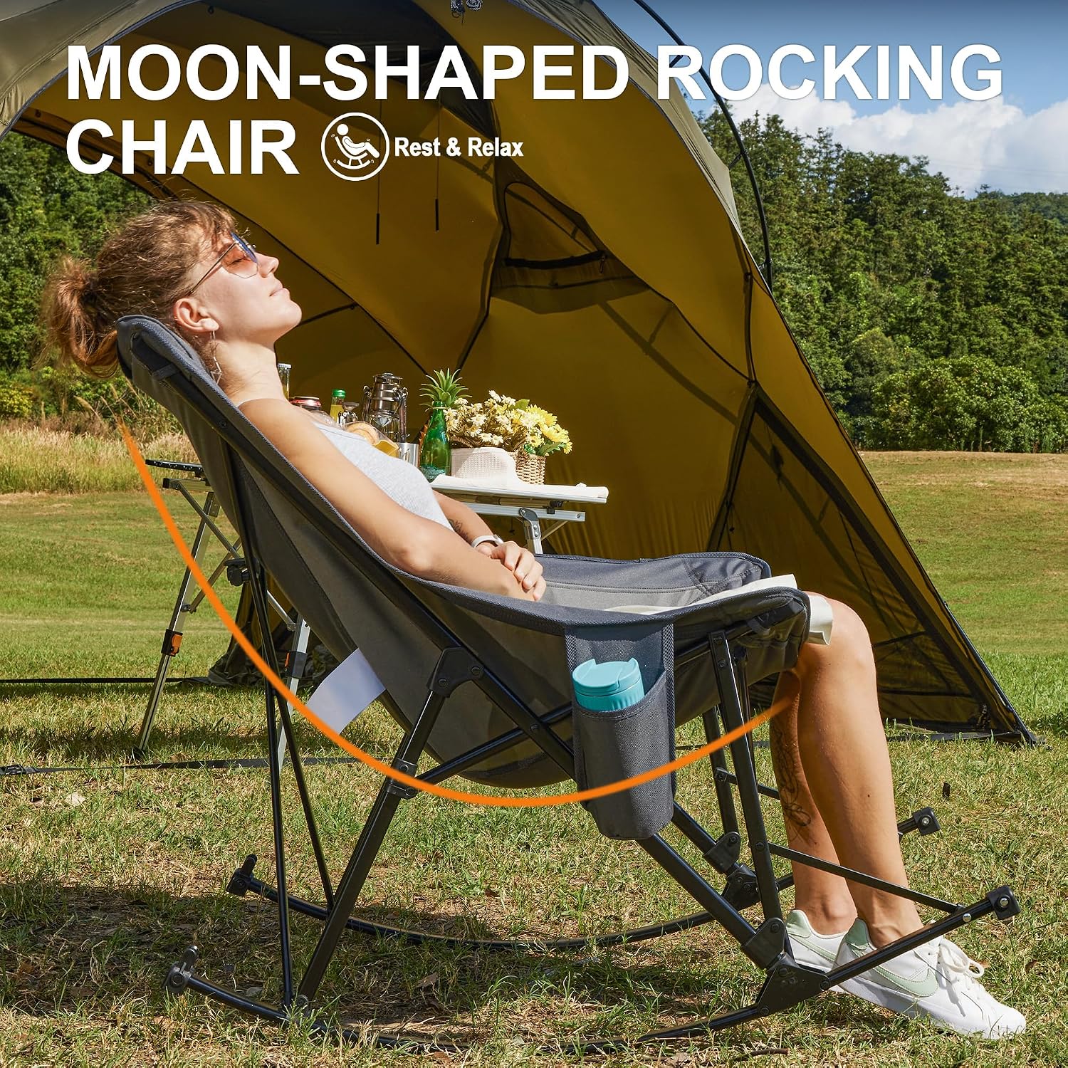 Oversized Camping Chair for Adults, Lawn Chairs Outdoor Fold up, Rocking Camping Chairs with Pillow for Picnic, Heavy-Duty 600D Oxford Cloth with Cup Holder, 350 Pound Capacity, Grey.