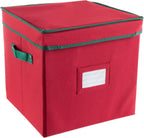 Christmas Decor Storage Box - Red Oxford Canvas Ornament Cube Chest with 64 Compartment Dividers, Riveted Handles, and Lid by Elf Stor