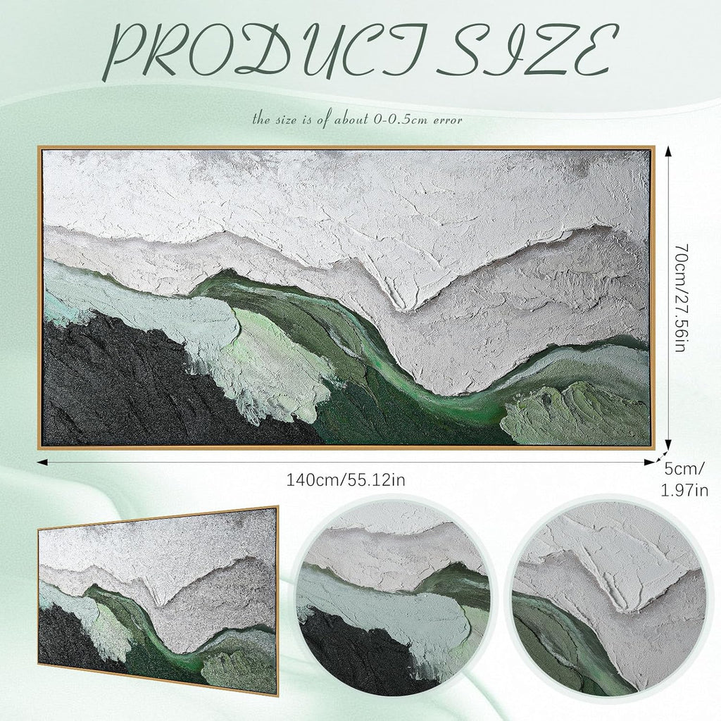 Sintuff 28 x 55 Inch 3D Textured Large Framed Art Prints, Abstract Hand-painted Sage Green Beige Beach Ocean Waves Oil Painting, Minimalist Artwork Wall Decor for Living Room Bedroom