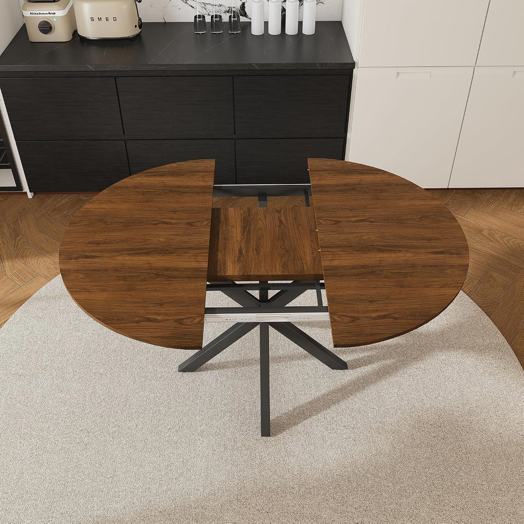Round Dining Table Set for 6, 43-59" Extendable Dining Room Table Set, Walnut Wood Grain Table and 6 Dark Gray Linen Upholstered Chairs Set, Mid Century Modern Kitchen Table Set with Cross Legs