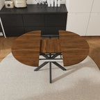 Round Dining Table Set for 6, 43-59" Extendable Dining Room Table Set, Walnut Wood Grain Table and 6 Dark Gray Linen Upholstered Chairs Set, Mid Century Modern Kitchen Table Set with Cross Legs