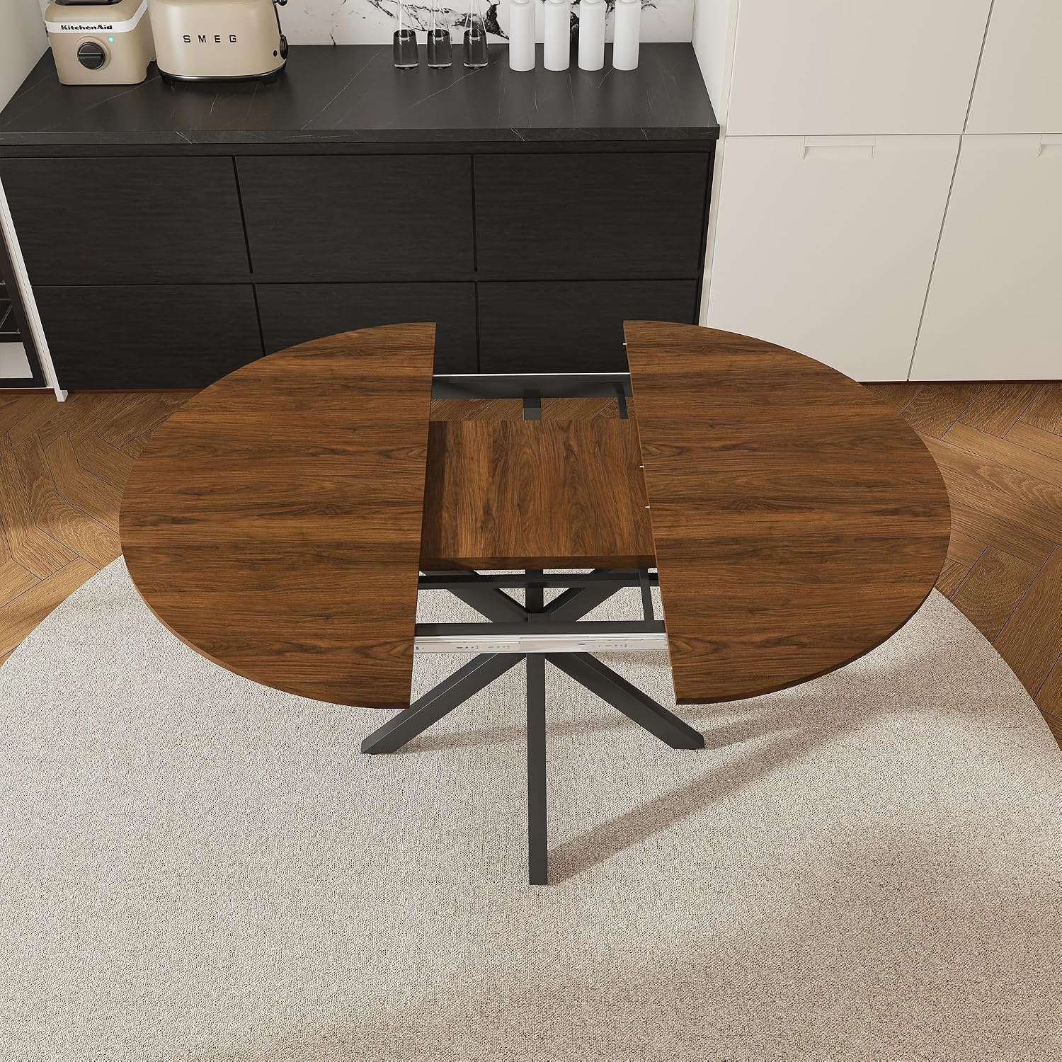 Round Dining Table Set for 6, 43-59" Extendable Dining Room Table Set, Walnut Wood Grain Table and 6 Dark Gray Linen Upholstered Chairs Set, Mid Century Modern Kitchen Table Set with Cross Legs