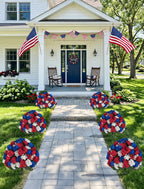 BLOSMON 4th of July Topiary Balls: Outdoor Set of 2 Red White Blue 29" H X 19.7" W Artificial Geraniums for 250 Anniversary Porch Decoration - Patriotic Fake Flowers Bush for Patio Planter