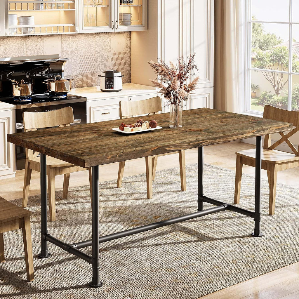 63-Inch Solid Wood Dining Table for 4-6, Industrial Large Kitchen Table with Metal Footrest, Rectangular Wooden Dinner Tables with Sturdy Metal Frame for Dining Room, Rustic Brown