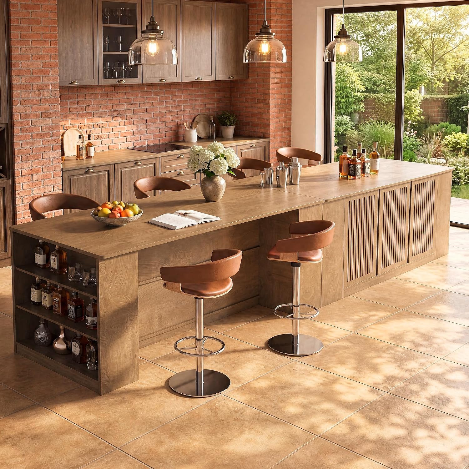 Tribesigns 71" Kitchen Island with Storage and Seating, Wooden Stationary Kitchen Bar, Large Island Table with Slatted Doors Cabinet & 6 Open Shelves, Farmhouse Style for Apartment & Home