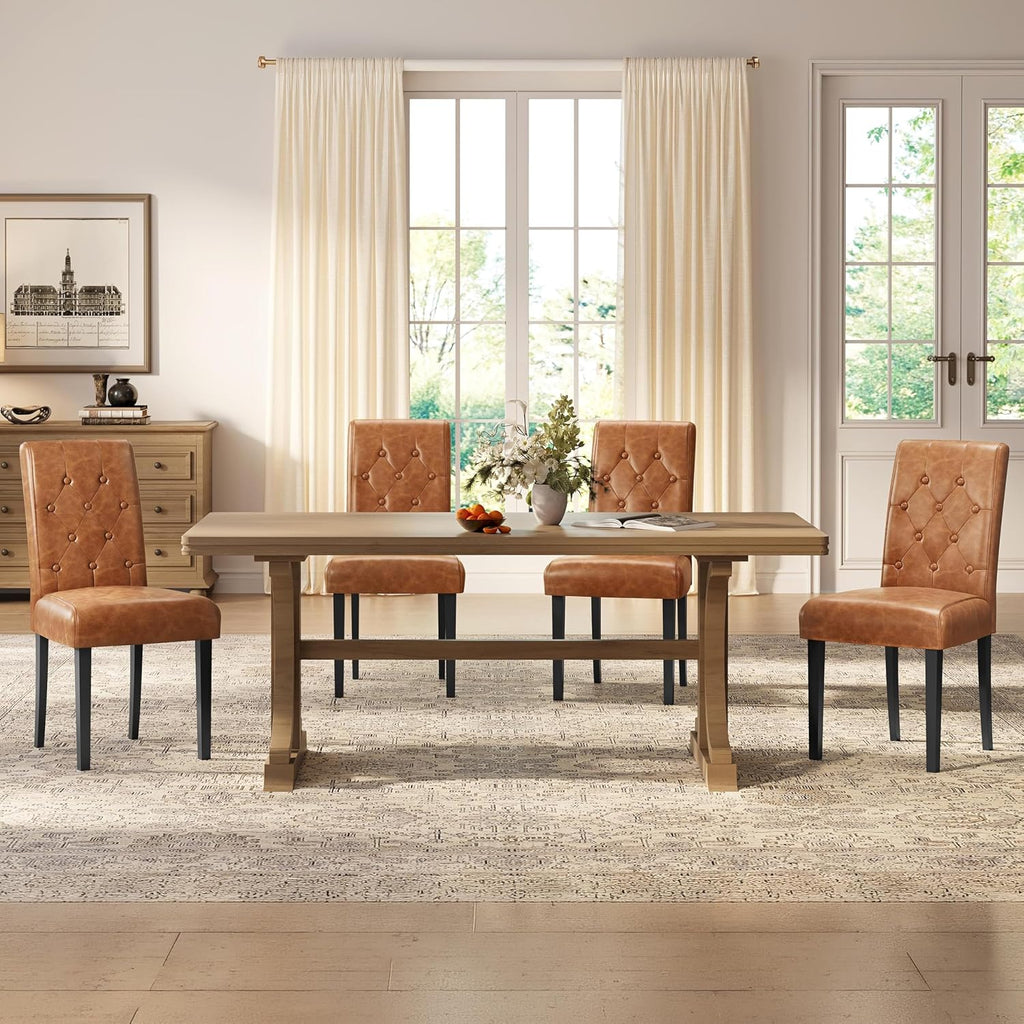 Yaheetech Dining Chairs Set of 4 Modern Style Faux Leather Dining Room Chairs with Solid Wood Legs and Button Tufted Padded for Home Kitchen, Retro Brown