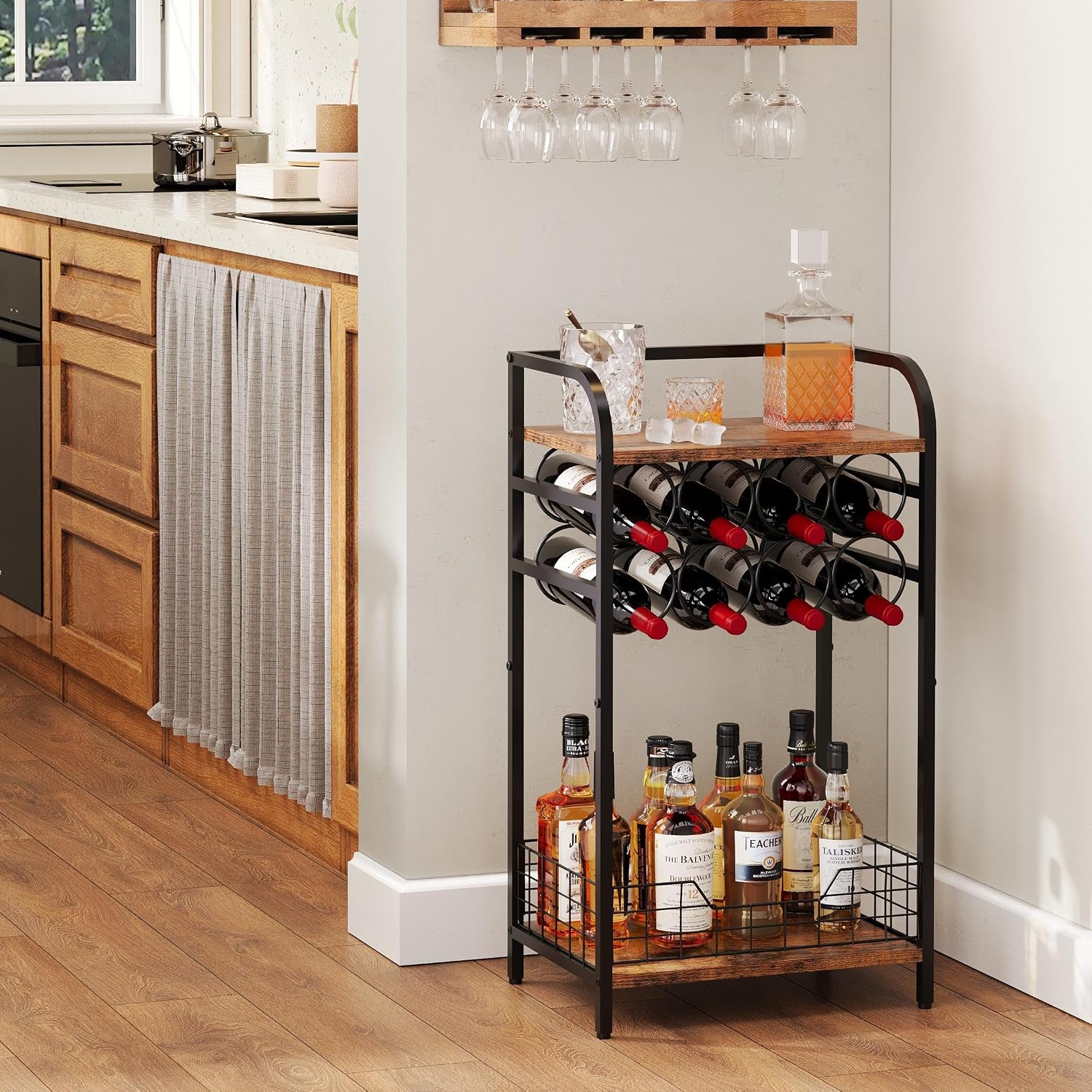 3-Tier Wine Rack Freestanding Floor Cabinet Corner Bar Cabinet Bar Cart,12 Individual Wine Storage Bottle Compartments Corner Bar Cabinet Holder,Wood + Black Frame Liquor Cabinet