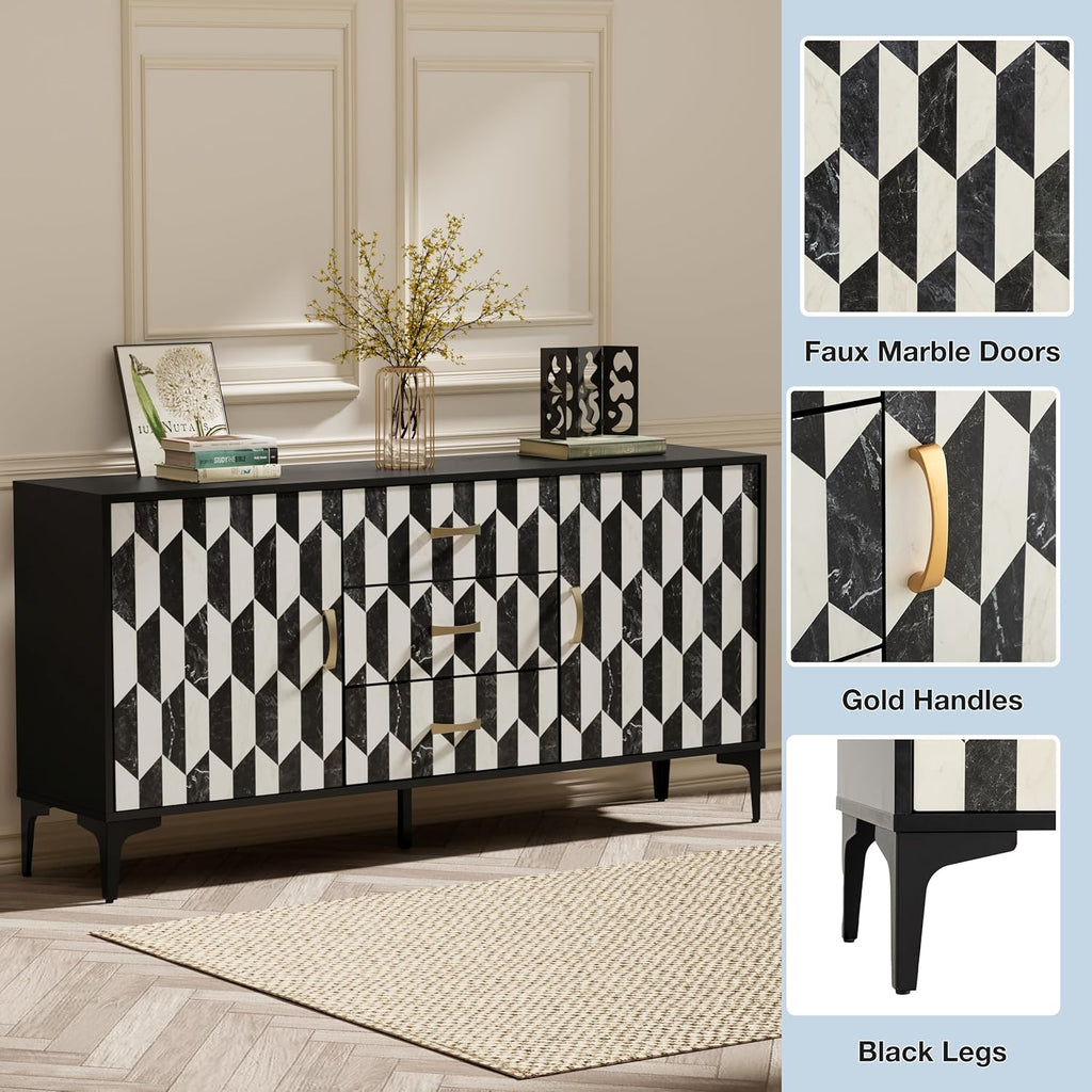 Anbuy Marble Buffet Cabinbet with Storage and 3 Drawers Sideboard Faux Marble Doors Buffet Dining Room Hallway Cupboard Console Table, Liquor/Accent Cabinet(Black)