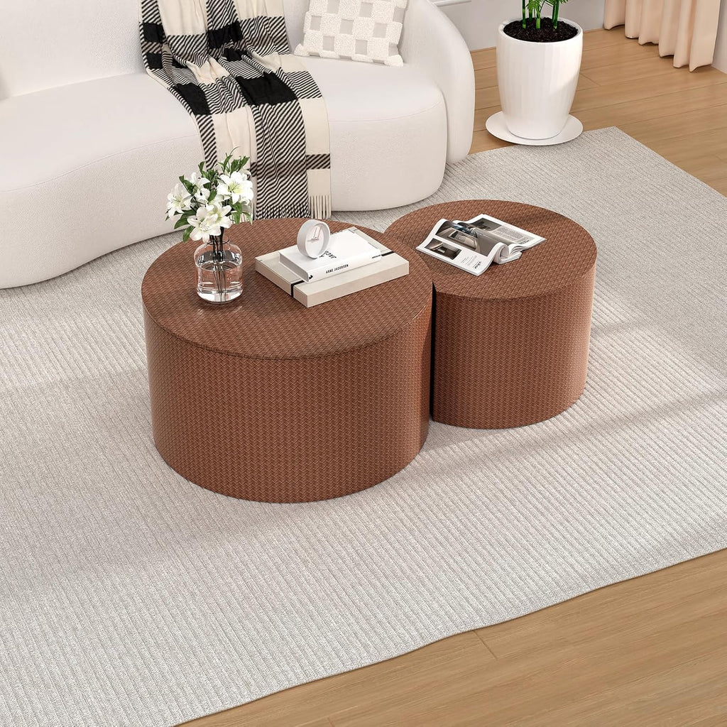 Round Coffee Table Set of 2 Modern Nesting Coffee Tables Drum Coffee Tables with Non-Slip Feet, Circle Nesting Tables End Table for Living Room Office, No Assembly (Brown 26.8"+18.3")
