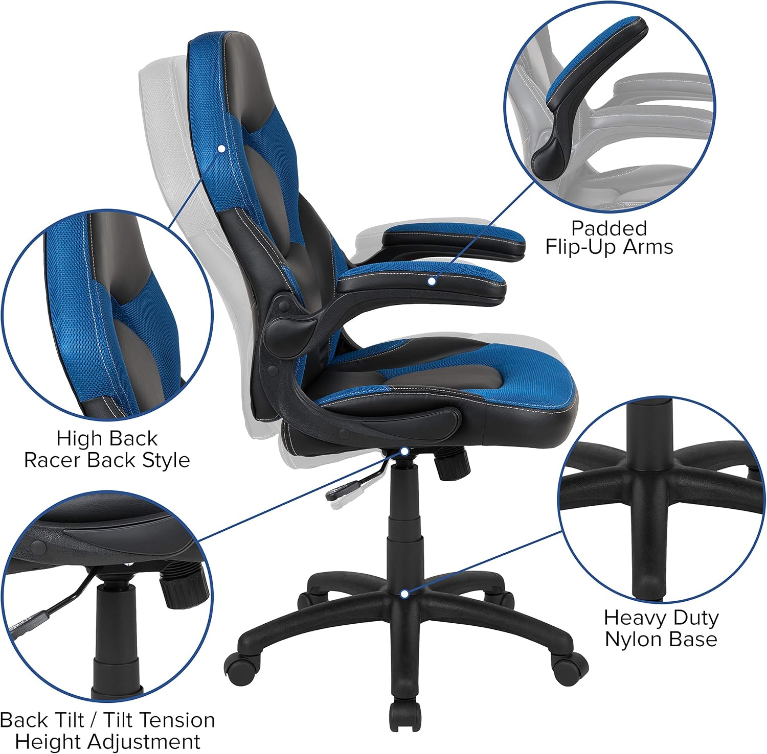 Flash Furniture X10 High-Back LeatherSoft Racing Style Gaming Chair with Flip-Up Arms, Ergonomic Padded Swivel Computer Chair, Blue/Black