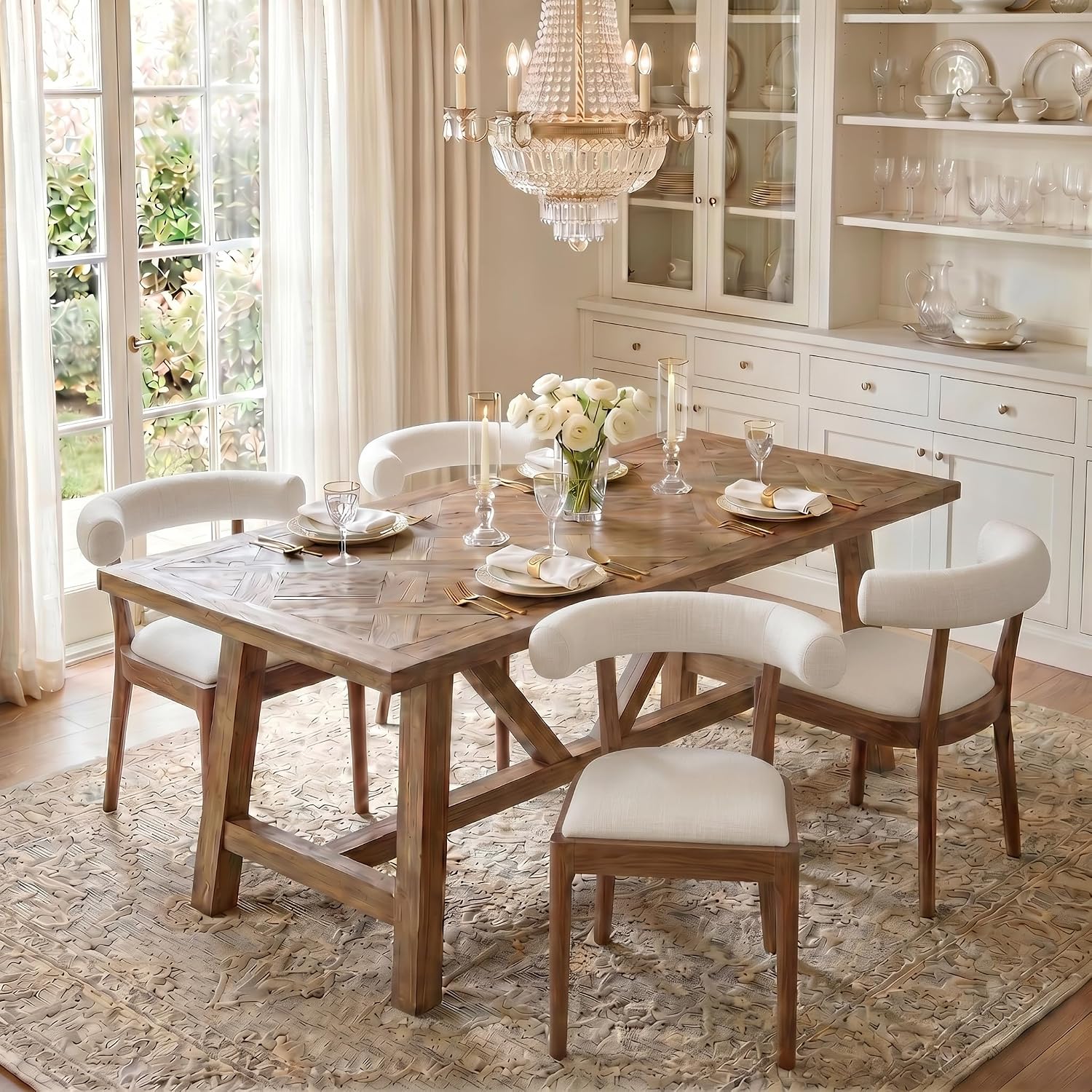 chairus Barrel Back Dining Chairs Set of 4, Farmhouse Upholstered Dining Chairs with Natural Walnut Finished Frame Comfy Unique Curved Open Back for Kitchen/Restaurant/Dining Room, Linen White