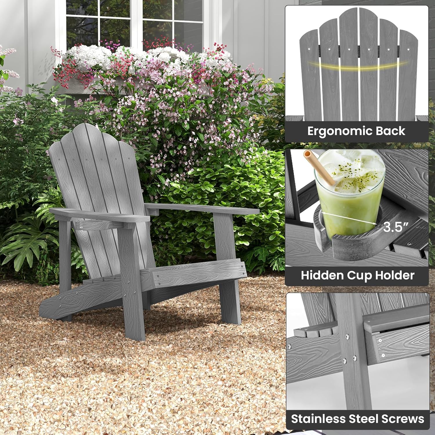 ORALNER Outdoor Adirondack Chair with Cup Holder, Plastic Resin Outdoor Deck Chair, 380 LBS Capacity, for Patio, Backyard, Porch, Balcony, Poolside, Garden, Lawn, Firepit (4, Gray)