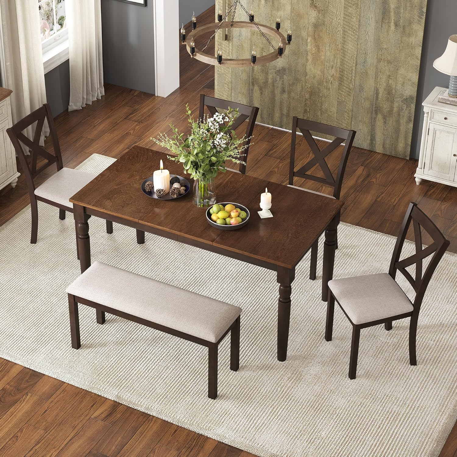 AMERLIFE 6-Piece Farmhouse Dining Table Set for 6-7, 60" Solid Wood Kitchen Table and Chairs, 1 Dining Table, 4 Upholstered Chairs and 1 Bench, Rustic Dining Room Set, Brown