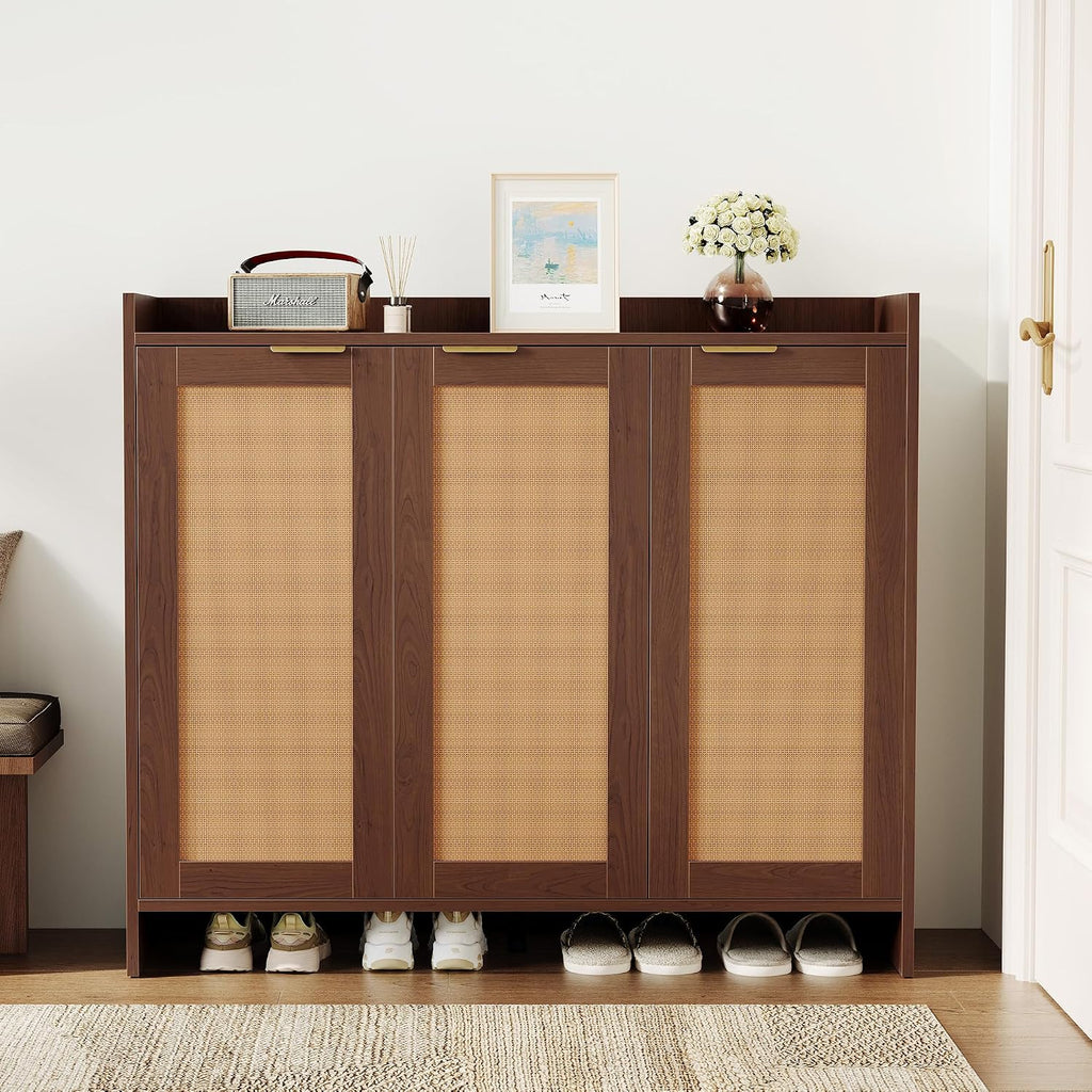 Shoe Cabinet, 41" Tall Rattan Shoe Storage Organizer Cabinet, Adjustable Shelves, 6-Tier Farmhouse Boho Wooden Storage Cabinet for Entryway Hallway Closet Bedroom,Walnut