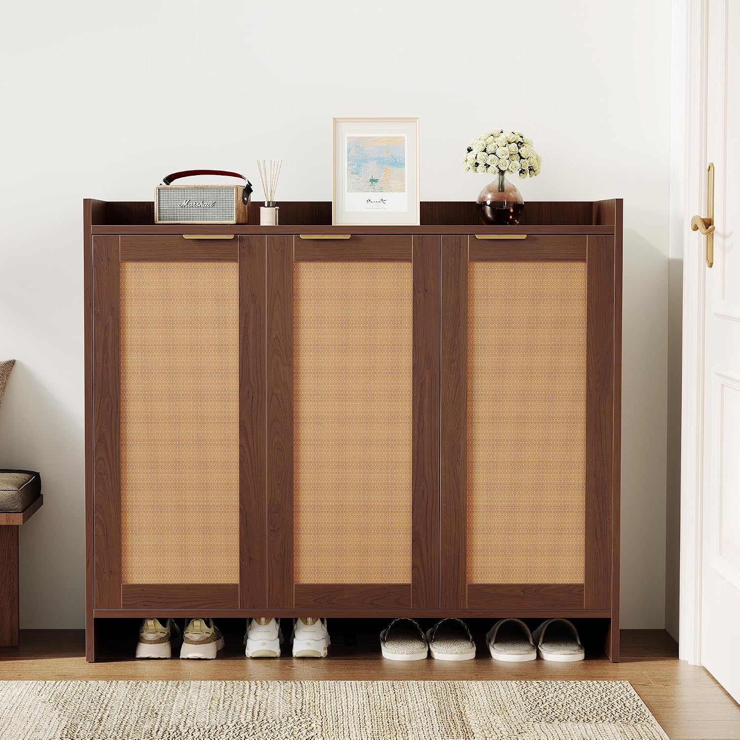 Shoe Cabinet, 41" Tall Rattan Shoe Storage Organizer Cabinet, Adjustable Shelves, 6-Tier Farmhouse Boho Wooden Storage Cabinet for Entryway Hallway Closet Bedroom,Walnut