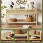 SUPERJARE Rattan Console Sofa Table with Outlets and USB-C Port, 3 Drawer Entryway Table with Synthetic Rattan Surface, 53.9 Inch, Open Shelf, Behind Couch Entry Foyer Hallway Storage, Natural