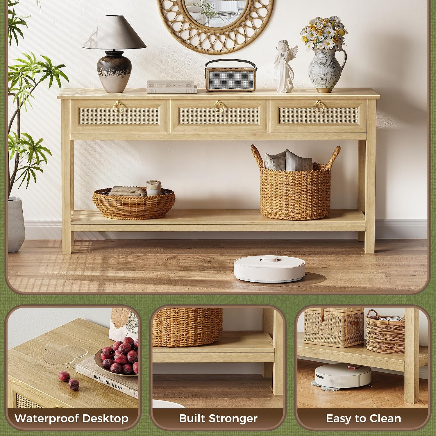 SUPERJARE Rattan Console Sofa Table with Outlets and USB-C Port, 3 Drawer Entryway Table with Synthetic Rattan Surface, 53.9 Inch, Open Shelf, Behind Couch Entry Foyer Hallway Storage, Natural