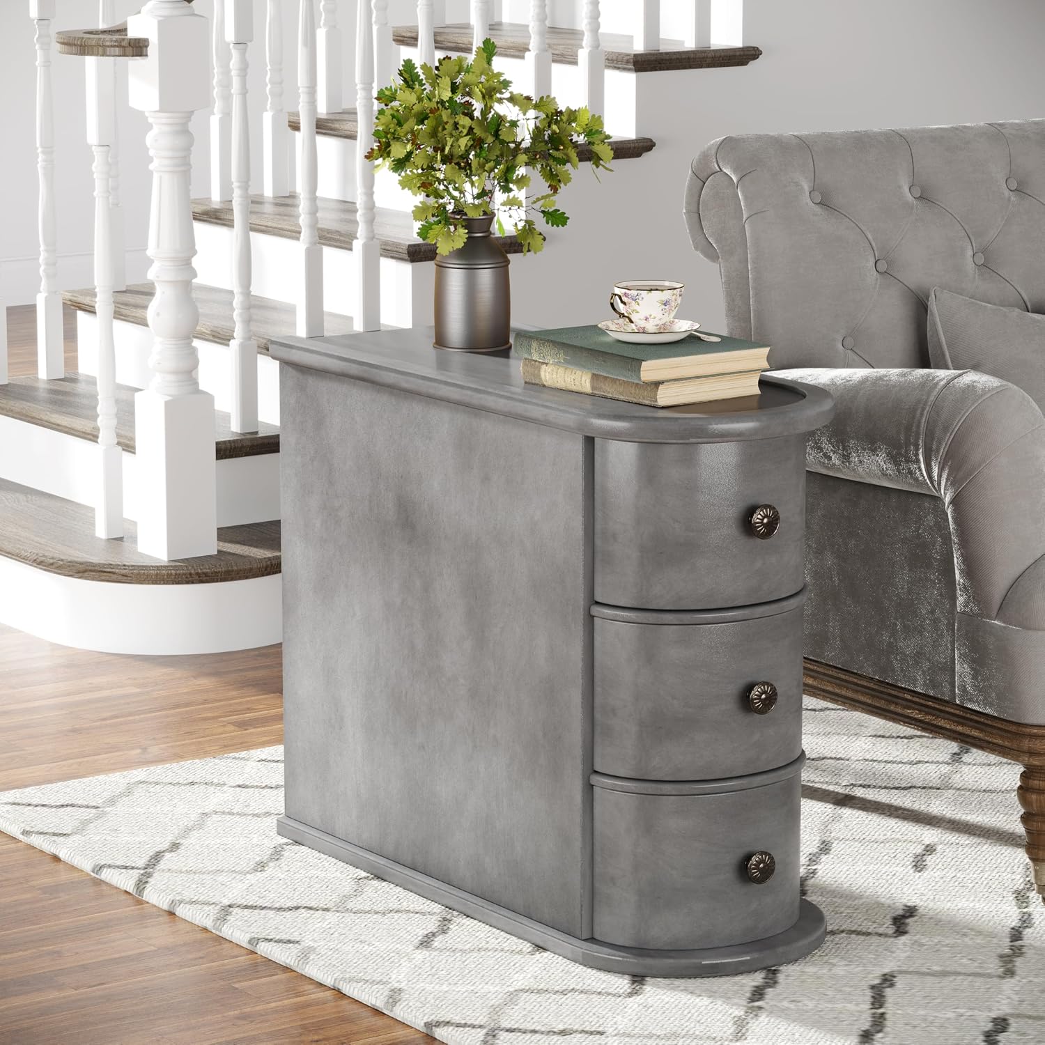 Wood End Table with 3 Drawers, No Assembly Required Narrow Sofa Side Table for Living Room, Vintage Slim Nightstand Bedside Table Bedroom (3 Drawers, Grey, 1Pc)