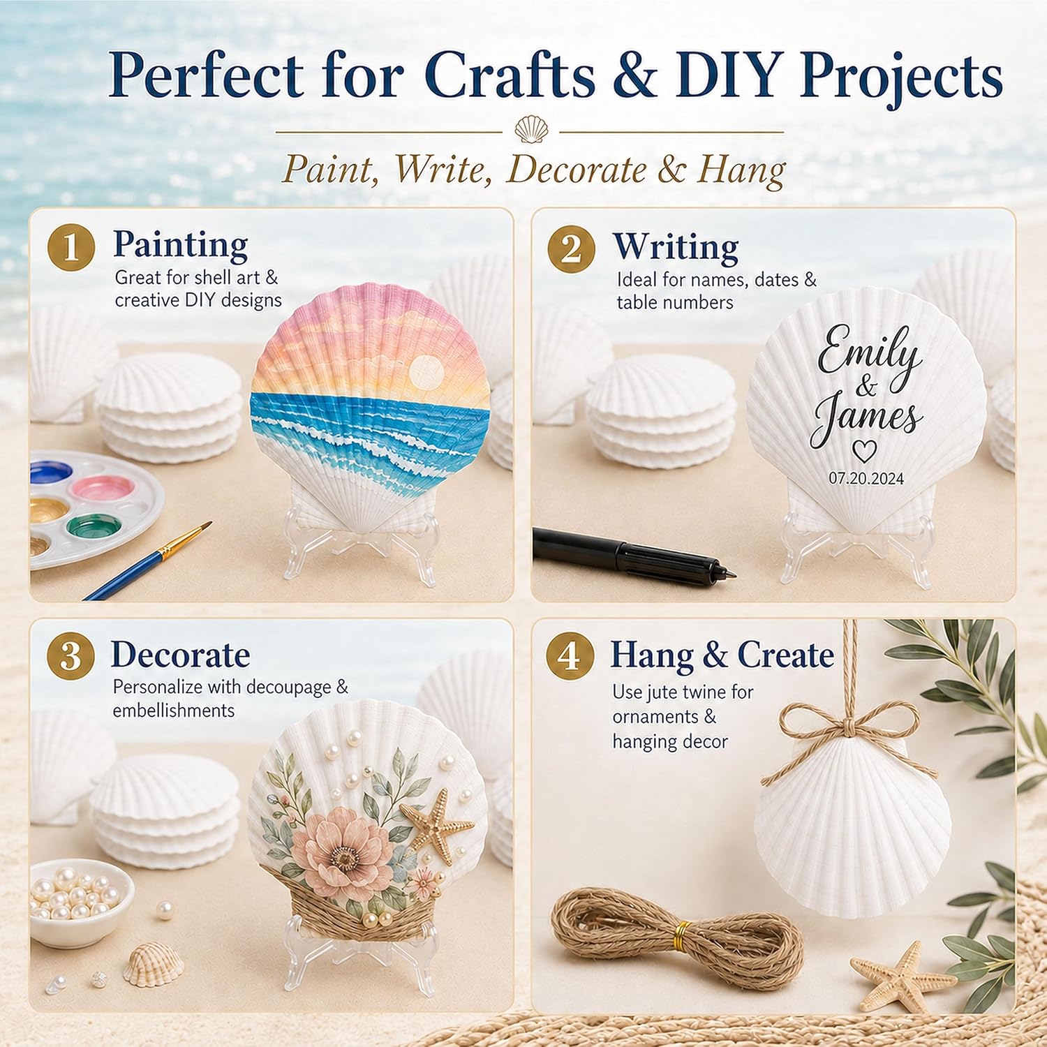 Cizavanta 50 Pack Large Scallop Shells for Crafts, 4-5 Inch Natural White Scallop Shells with 25 Clear Display Stands and Round Craft Mat, Seashells for DIY Painting, Decoupage & Coastal Decor