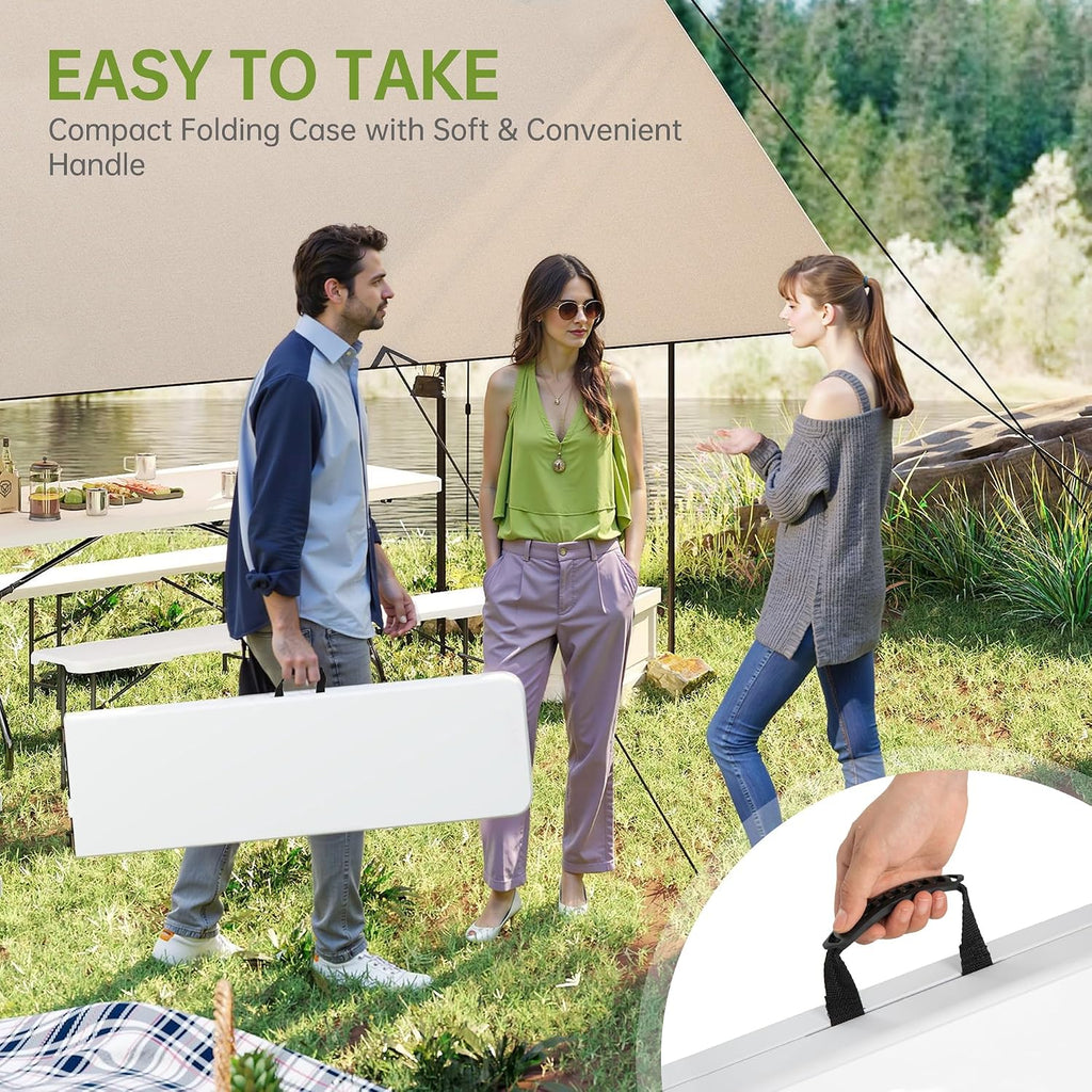 Real Relax 6 feet Plastic Folding Bench with Carrying Handle & Lock,Portable in/Outdoor Picnic Party Camping Dining Seat, Garden Soccer Multipurpose Entertaining Activities,Waterproof, 2 Pack, White
