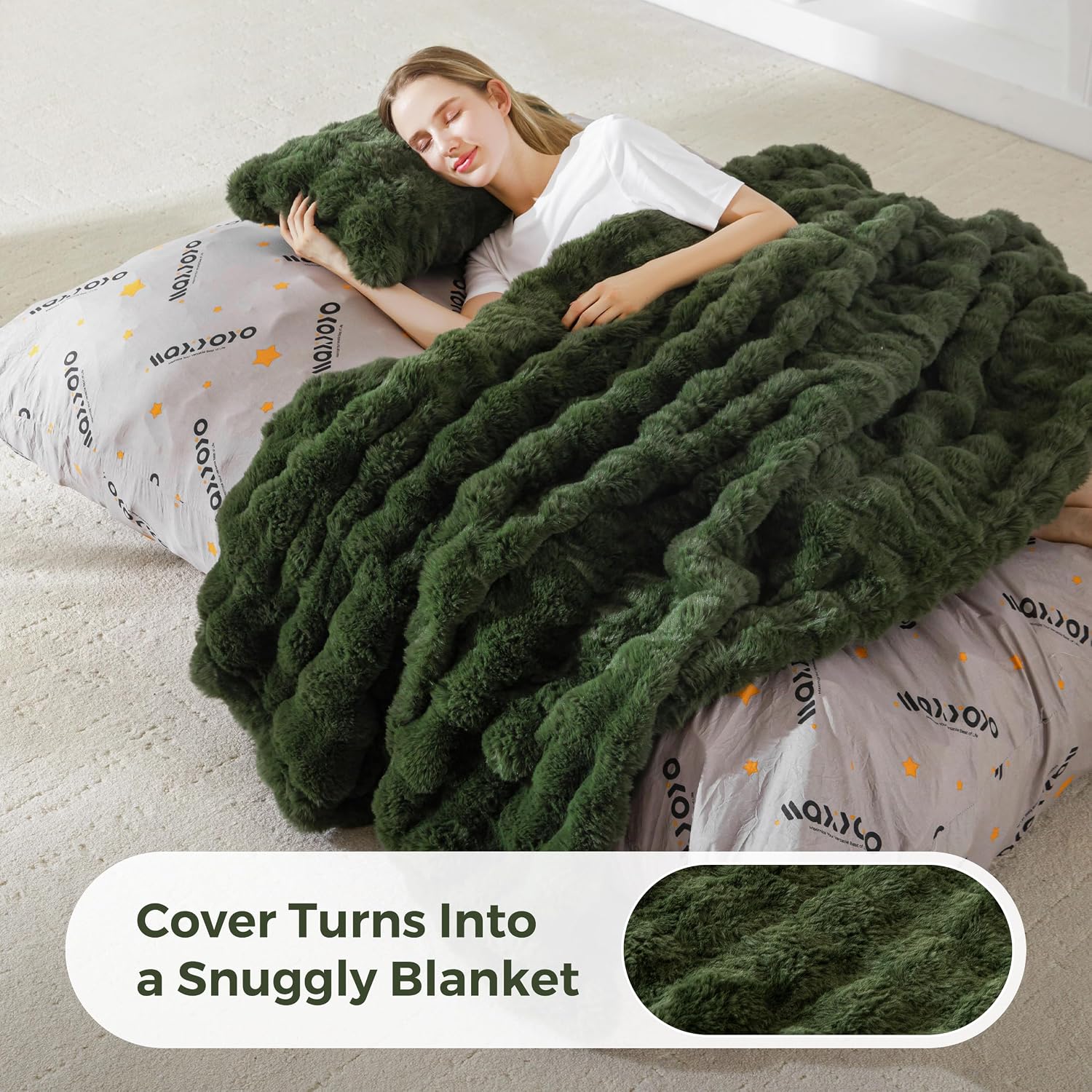 MAXYOYO Giant Bean Bag Chair with Pillow, 3 in 1 Convertible Bean Bag Chair | Removable Floor Cushion Stuffed Floor Lounger for Adults with Washable Cover, Lazy Chair for Living Room, Bubble Green, Full