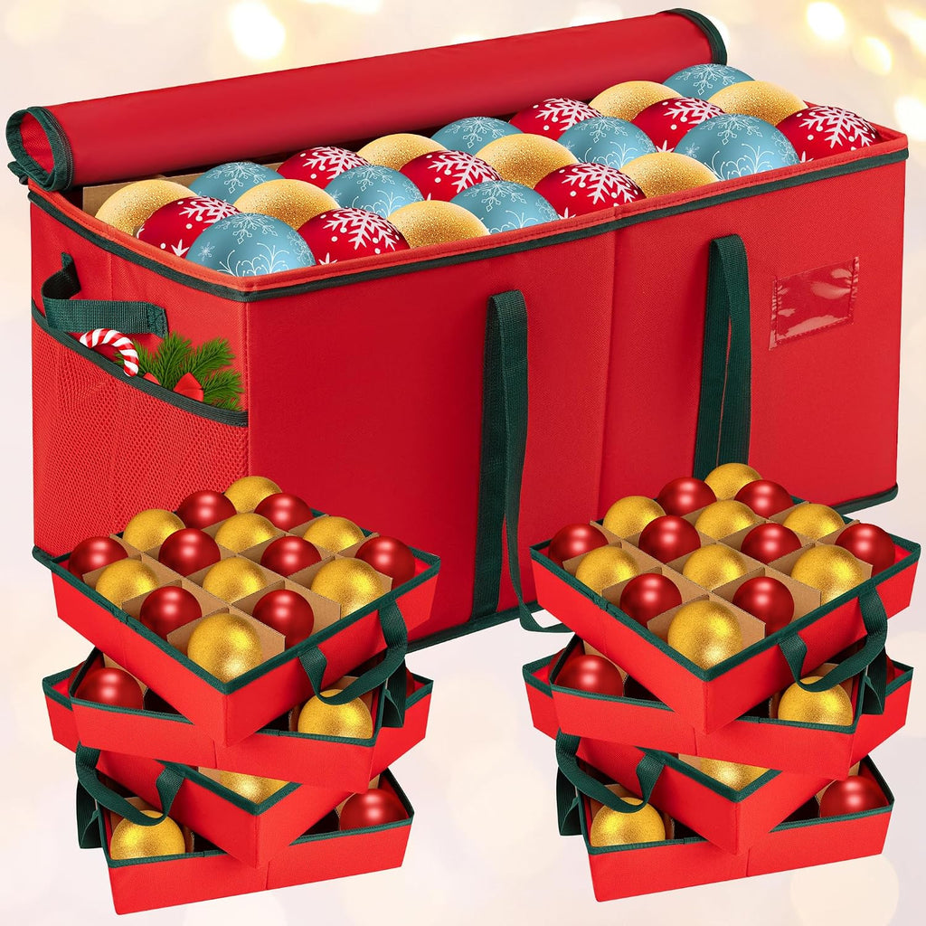 Christmas Ornament Storage Box, Xmas Decoration Organizer with 8 Tray, Christmas Storage Container with Dividers, Ornament organizer with Strong Handles for Holiday Decorations (Red)