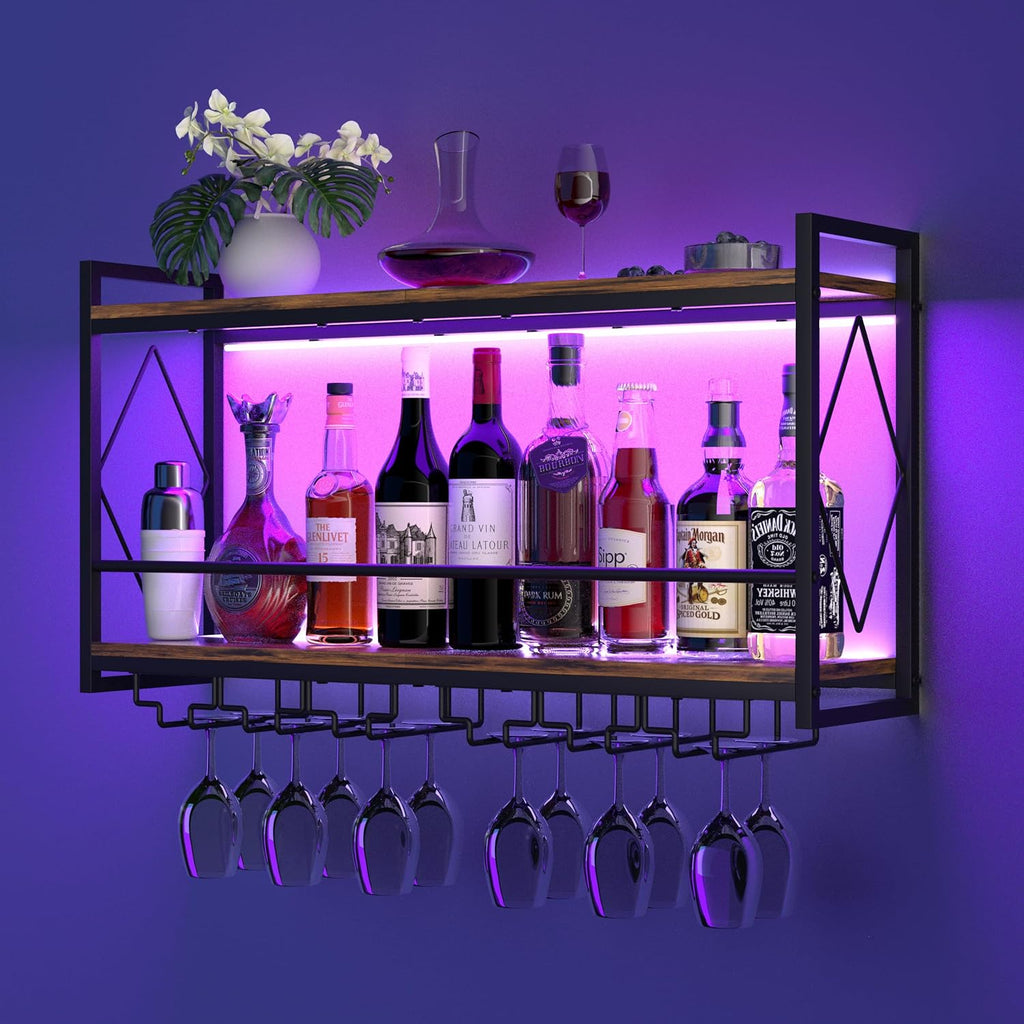 Wall Mounted Wine Rack with LED Light, 31.5" Bar Liquor Shelves with Glass Holder, Metal Hanging Bar Shelves Wine Storage Rack Display for Kitchen Home Bar Dining Room Living Room