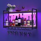 Wall Mounted Wine Rack with LED Light, 31.5" Bar Liquor Shelves with Glass Holder, Metal Hanging Bar Shelves Wine Storage Rack Display for Kitchen Home Bar Dining Room Living Room