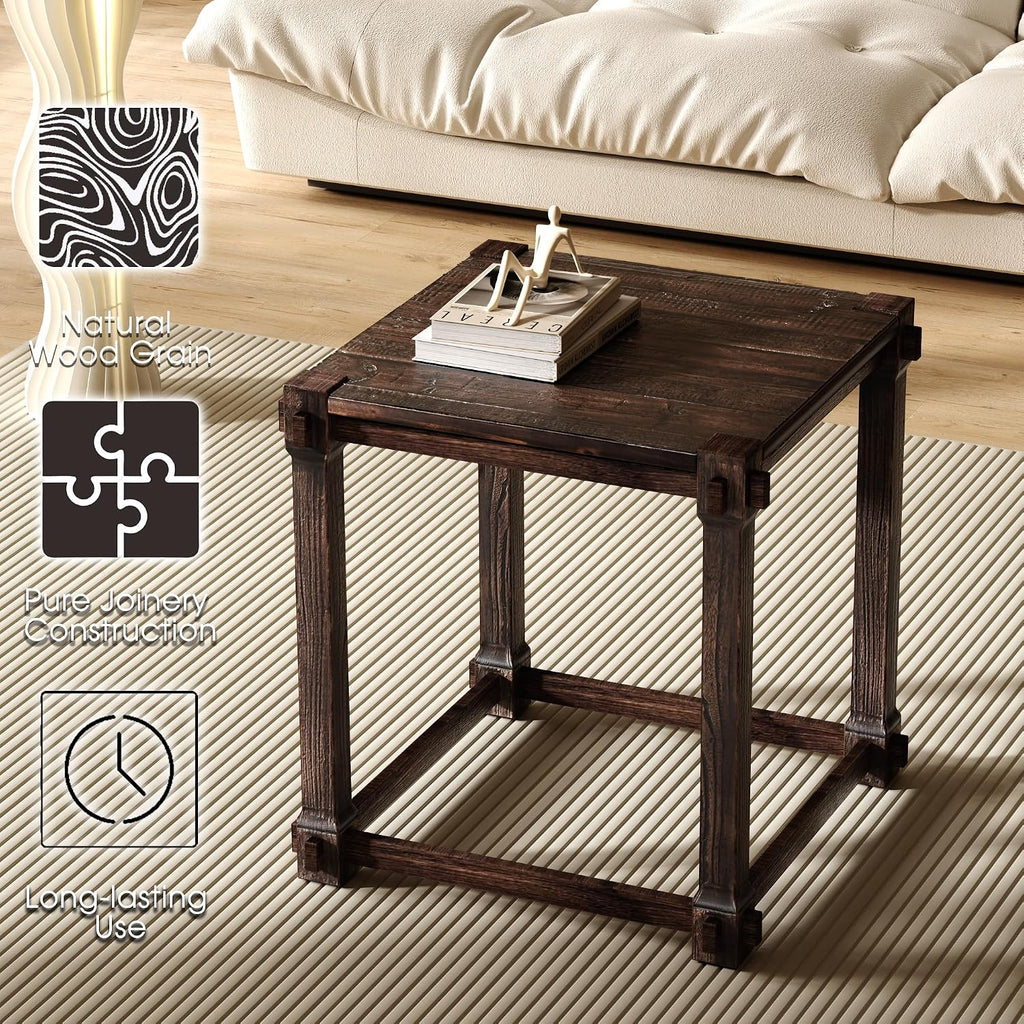 Vintage Aged Solid Wood Side Table, End Table, Nightstand, Bedside Table, Mortise and Tenon, Wear-Resistant Top, Sturdy Accent Table for Living Room Bedroom 20"×22"×22"