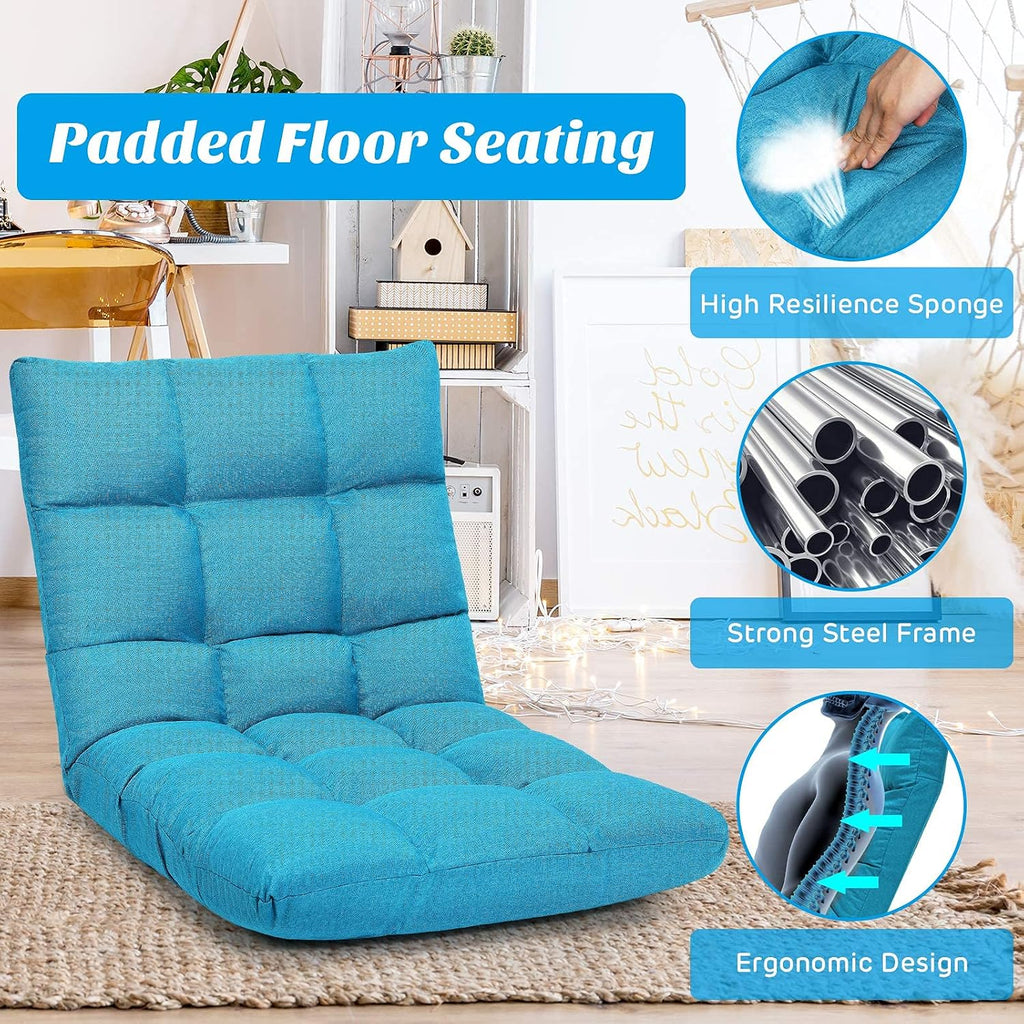 Giantex Adjustable Floor Gaming Sofa Chair 14-Position Cushioned Folding Lazy Recliner High Resilience Sponge, Breathable Cotton & Linen Fabric Sleeper Bed Couch Recliner with Removable Cover