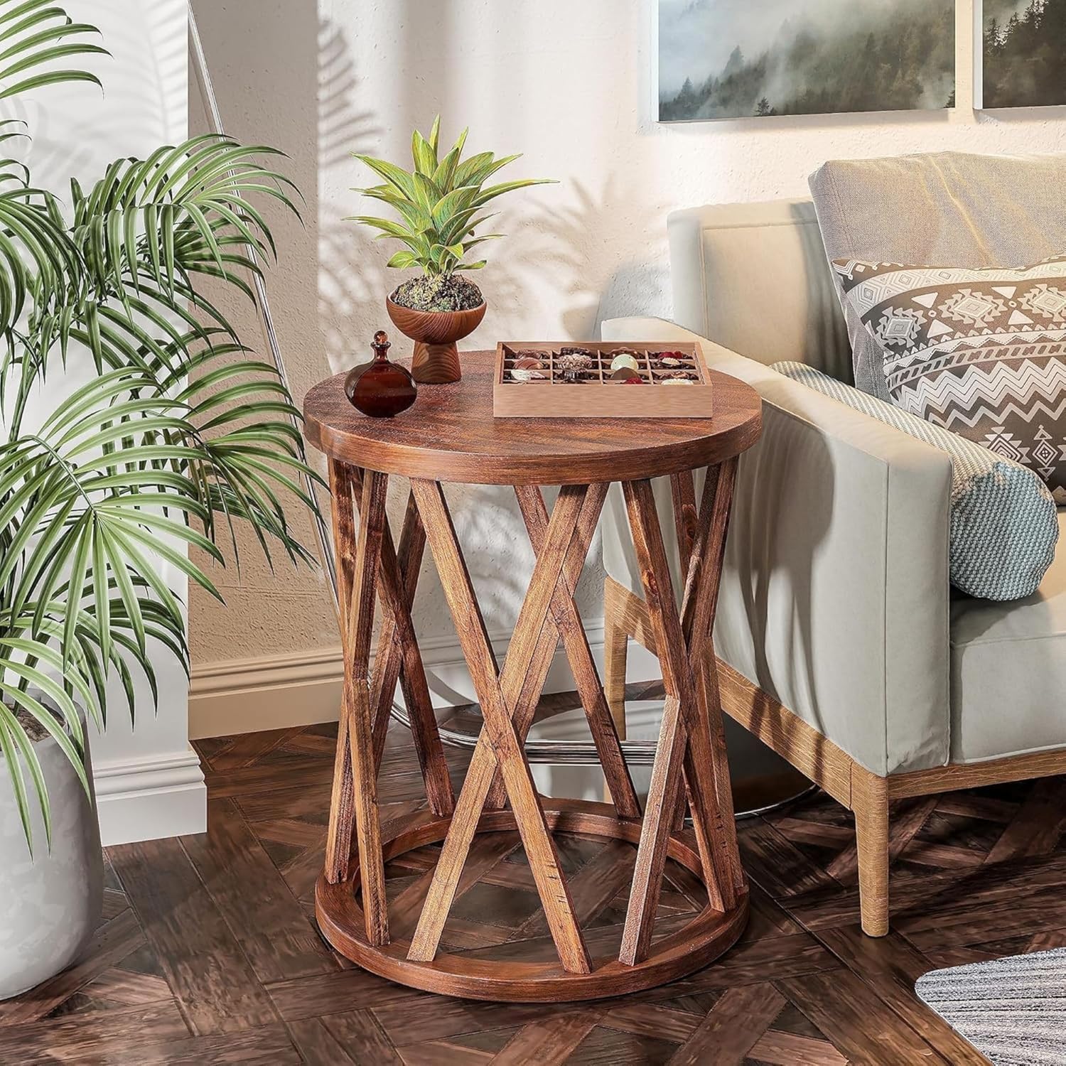 COZAYH Set of 2 - Farmhouse End Table, Rustic Round Side Table with X-Motifs Legs, Wood Textured Top, for Boho, French Country Decor, Brown