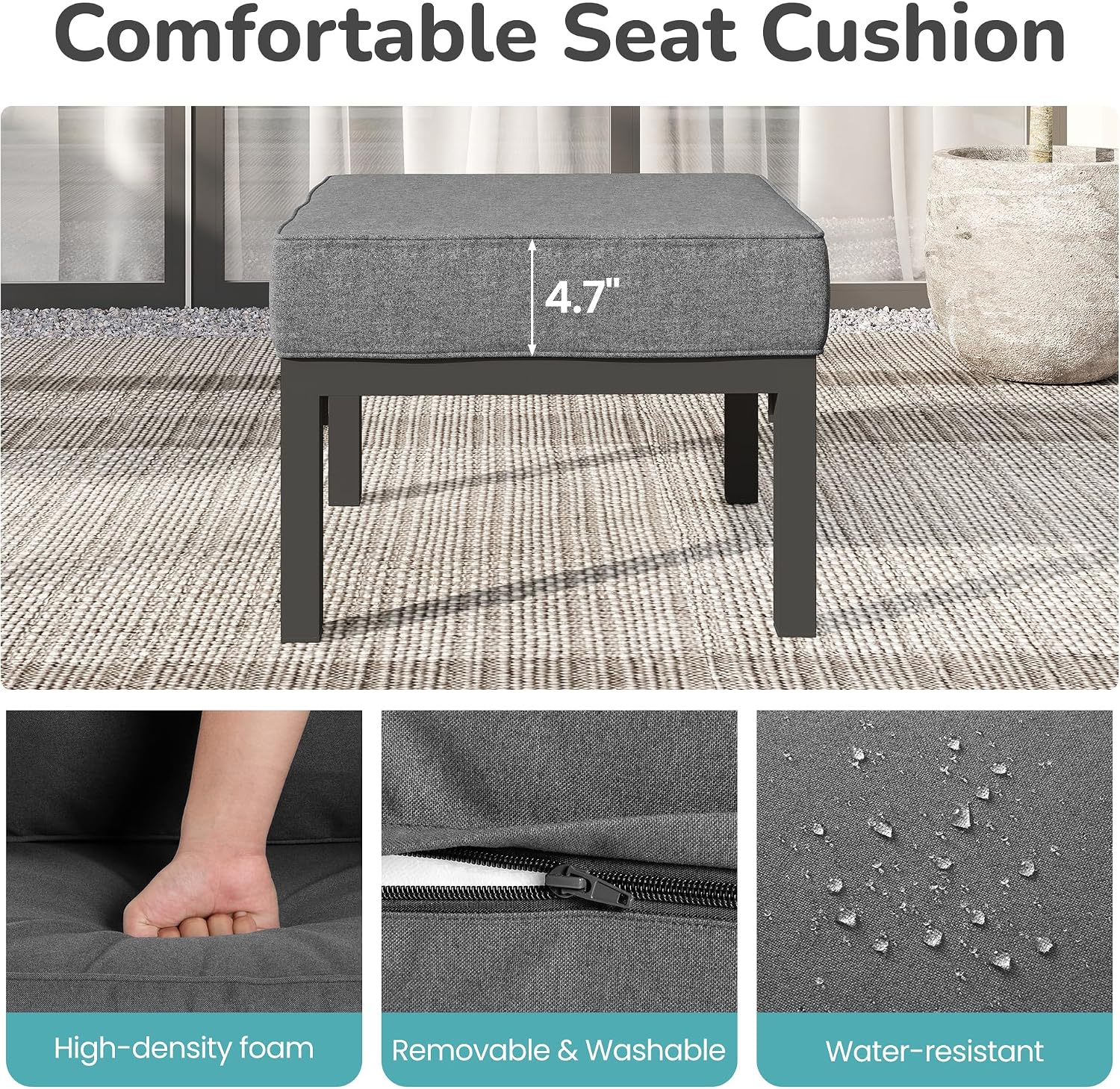 Wisteria Lane Outdoor Footstools Patio Ottoman Set of 2, Aluminum All-Weather Outdoor Footrest Seat with Removable Cushions, Patio Furniture Ottomans for Garden, Backyard, Poolside-Gray