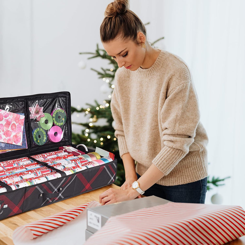 Propik Wrapping Paper Storage Container | Gift Wrap Organizer Under Bed | 41”x14”x6” | Box Holder for 18-24 Rolls Up to 40” | 600D Oxford Material | Pockets for Ribbon, Bows and Accessories (Plaid)