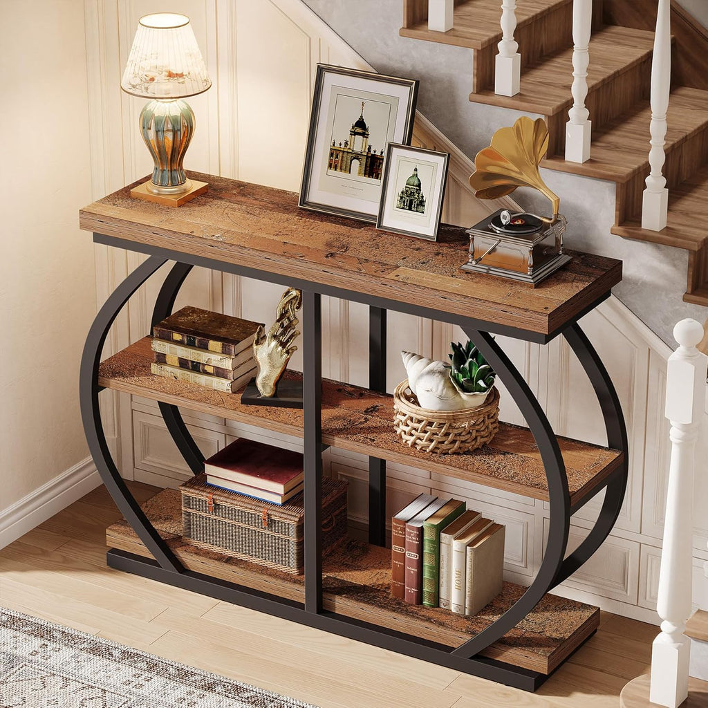 Tribesigns 41.3" Console Table, Industrial 3-Tier Entryway Table with Arched Metal Frame and Storage Shelves for Living Room, Hallway, Mix Brown