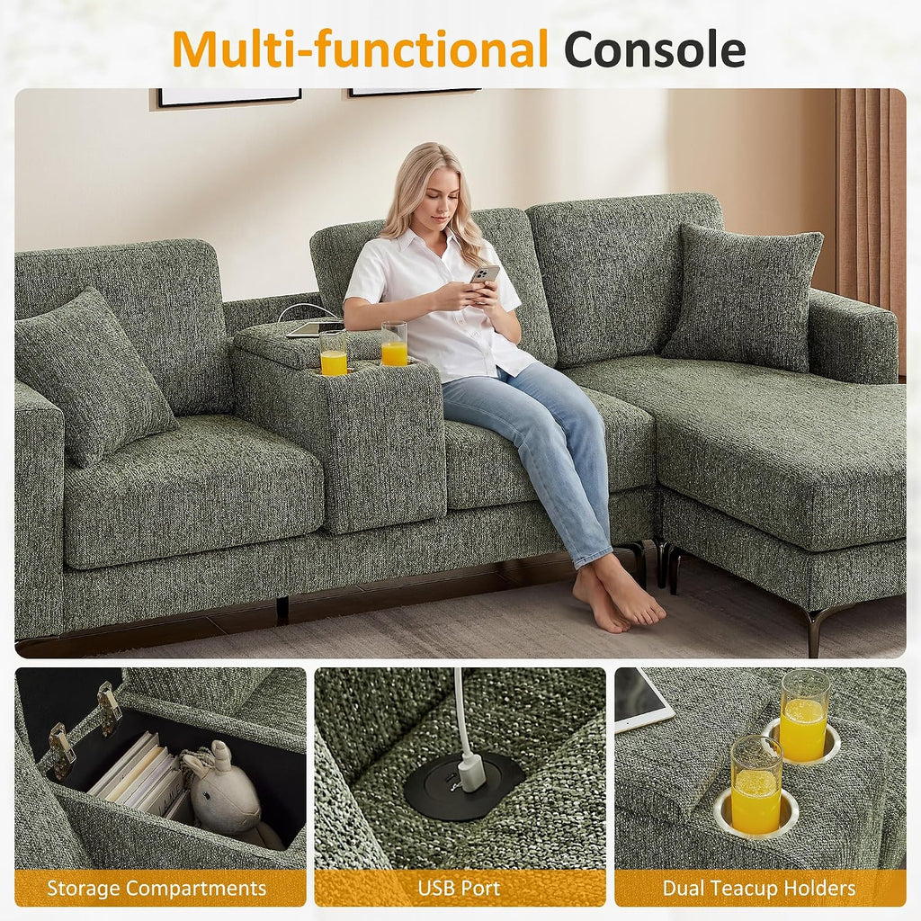 99.21" L Shaped Sectional Sofa with Convertible Chaise, Chenille Modern Modular Couch with Storage Box, USB & Type C Port, 4-Seater Cloud Sofa with Metal Legs for Living Room, Apartment, Green