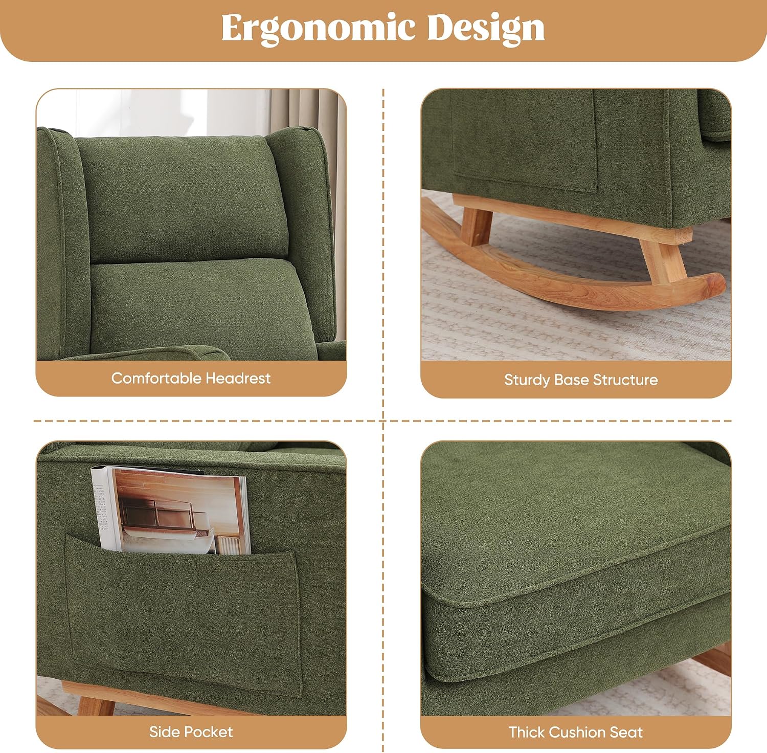 HCHAIRH Nursery Rocking Chairs, Rocking Chair Nursery for Mom Nursery Rocker with High Backrest and Solid Wood Legs, Modern Wingback Accent Rocking Chair for Reading Living Room Bedroom Green