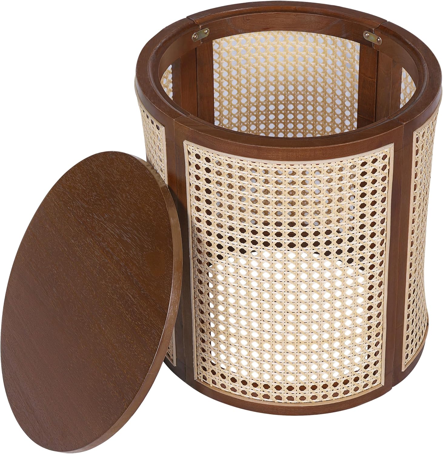 ø15.7'' Round Rattan Side Table End Table, Hollow Woven Nightstand with Lift-Off Lid Storage, Modern Framhouse Countryside Boho Circle Style for Living Room, Easy Assembly, Dark Brown