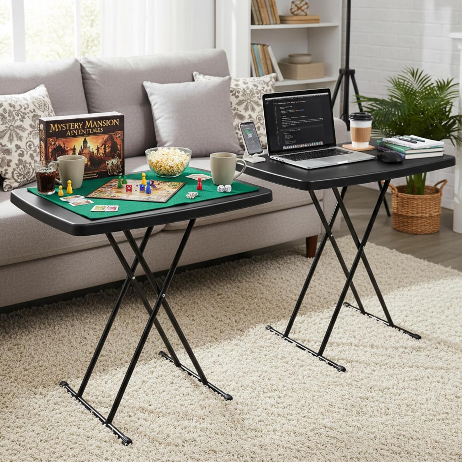 Lavish Home Portable Folding Tables Set of 2-2.5 Foot Indoor/Outdoor Portable Lightweight Small Tables with Adjustable Height - TV Trays Set of 2 for Laptop, Cards, Camping, Crafting, Party (Black)