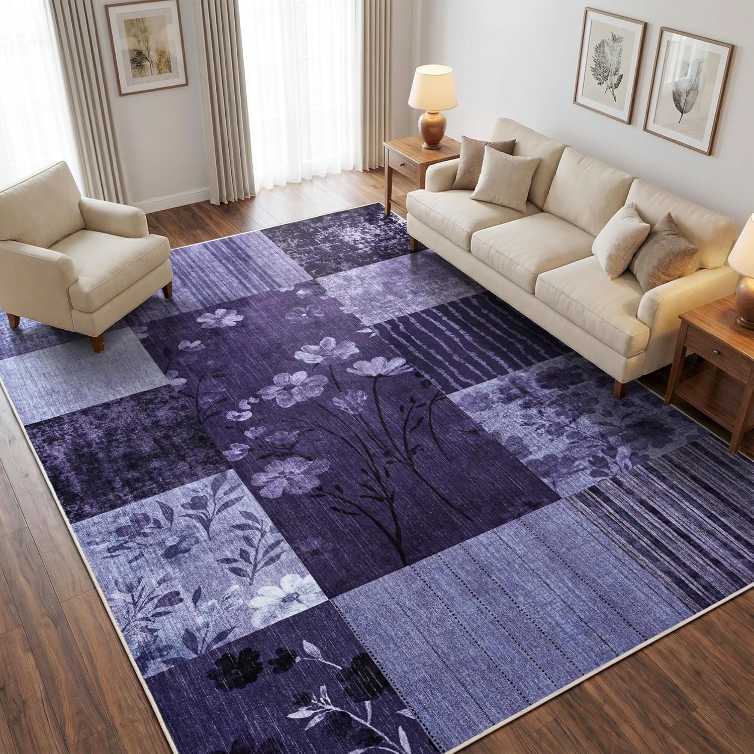 Modern Area Rugs for Living Room, 4x6 Feet Geometric Patchwork Rug, Washable Non-Slip Indoor Low Pile Carpets for Bedroom Dining Room Office Playroom Home Dorm Decor, Dark Purple