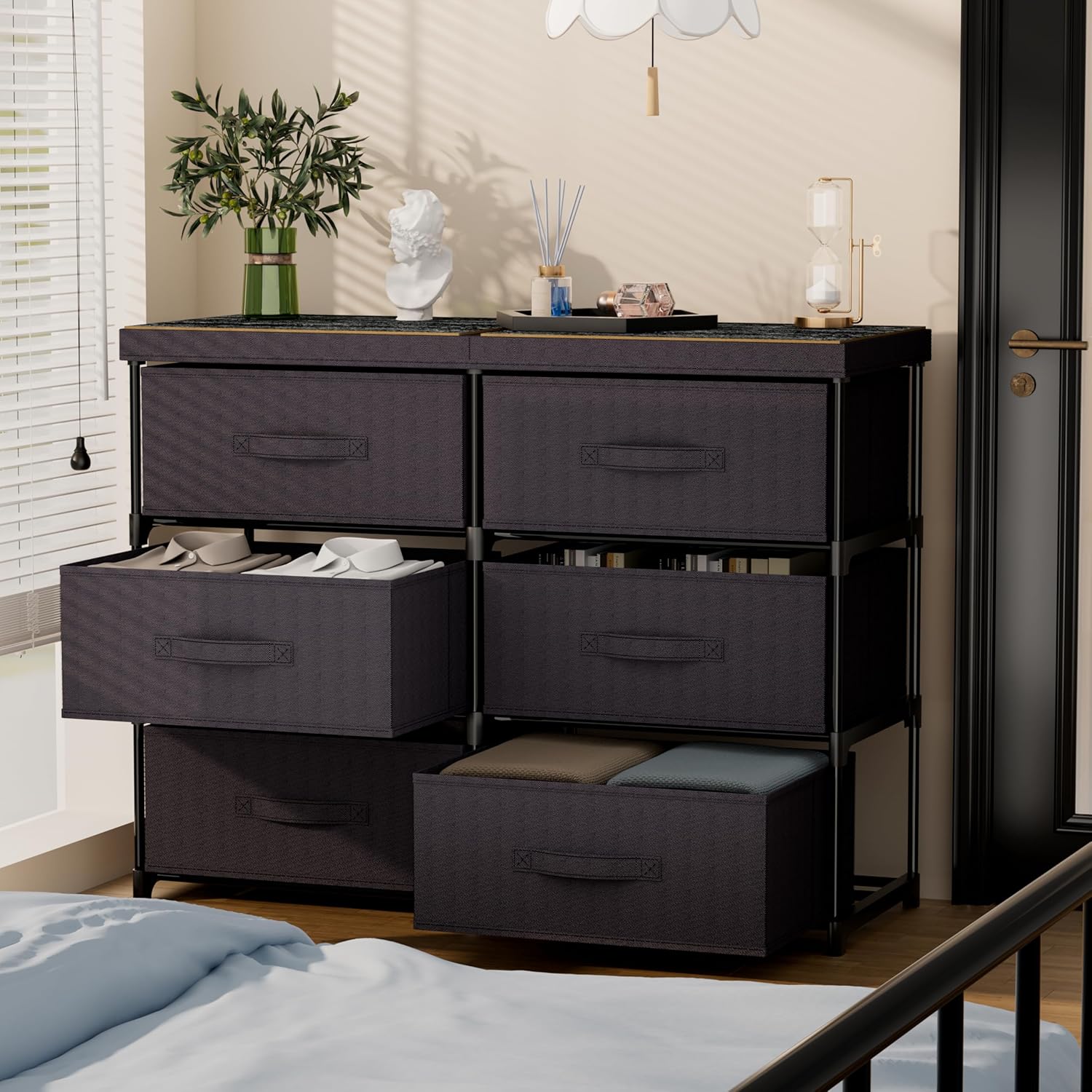 GcdPai Dresser with 6 Fabric Drawer Stand Desktop Sturdy Metal Plastic Support Tube Cube Storage Cabinet for Bedroom Organization Dorm Front Hall Entryway