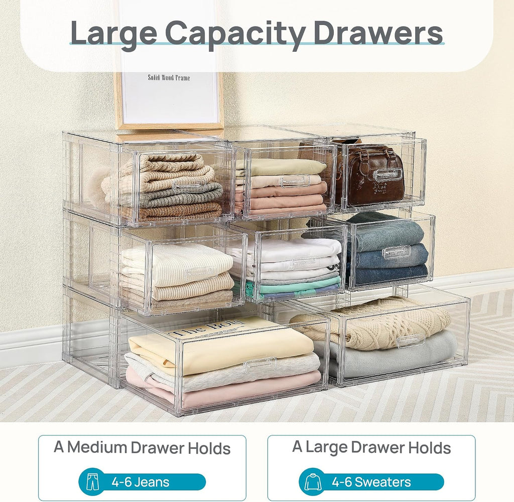 Vtopmart 4 Pack Clear Stackable Storage Drawers 15QT, Easily Assemble Closet Organizers,Plastic Storage Bins for Bathroom,Cabinet,Kitchen Pantry,Under Sink Organization(Medium)