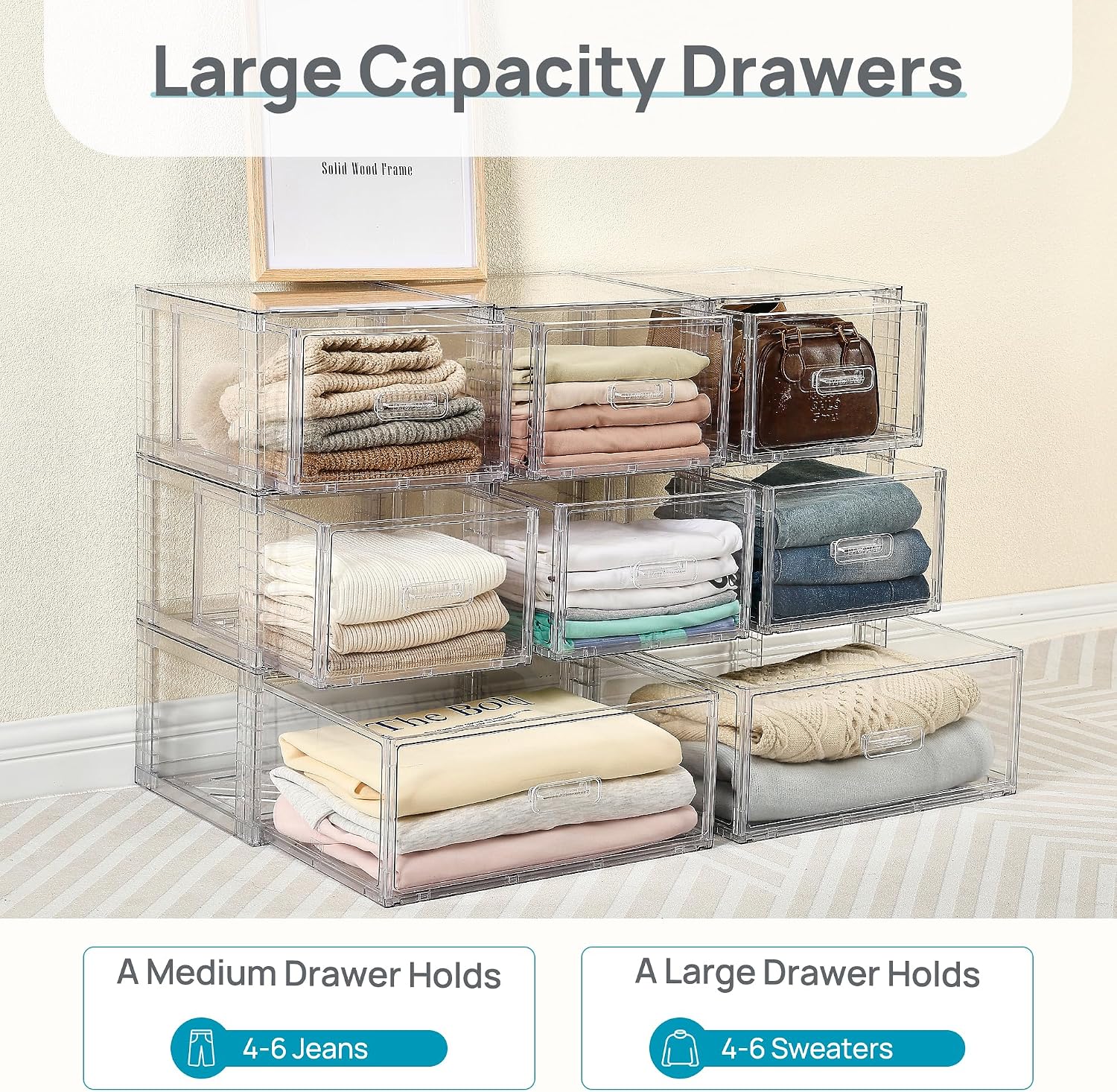 Vtopmart 4 Pack Clear Stackable Storage Drawers 15QT, Easily Assemble Closet Organizers,Plastic Storage Bins for Bathroom,Cabinet,Kitchen Pantry,Under Sink Organization(Medium)