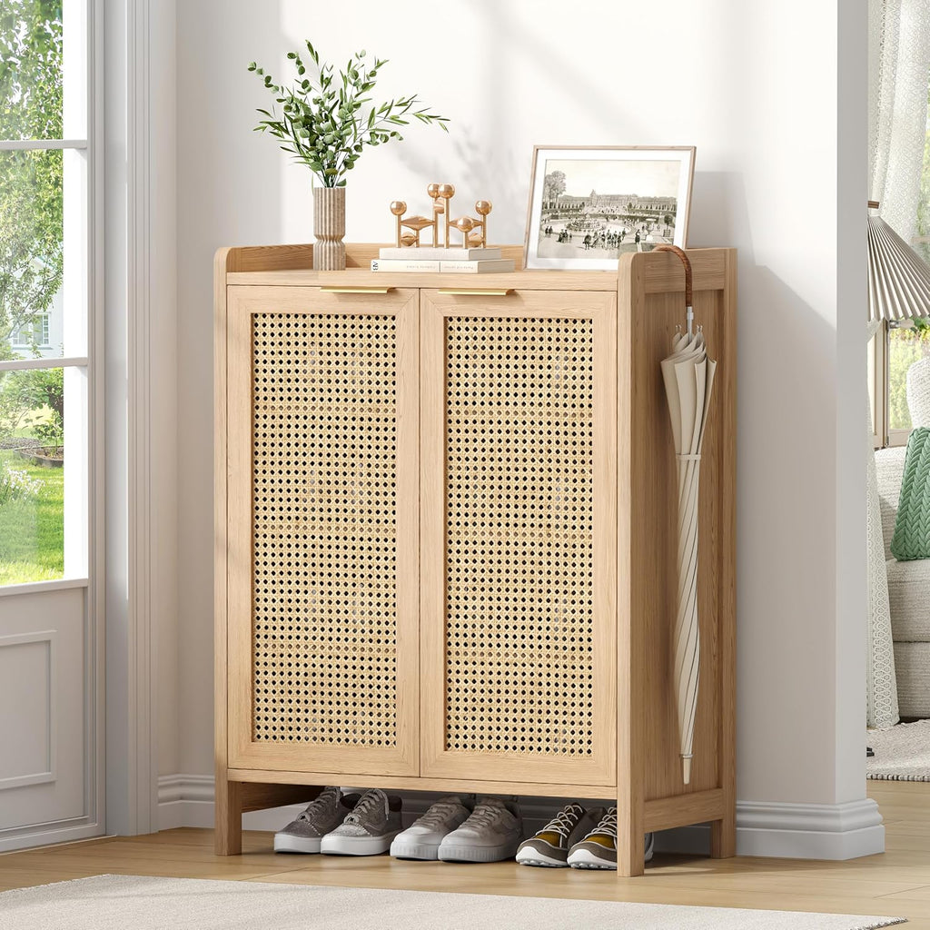 Rattan Shoe Storage Cabinet, 5-Tier Shoe Cabinet for Entryway, Wooden Shoe Rack Organizer with Doors and Adjustable Shelves, for Entryway, Hallway, Living Room, Natural Oak